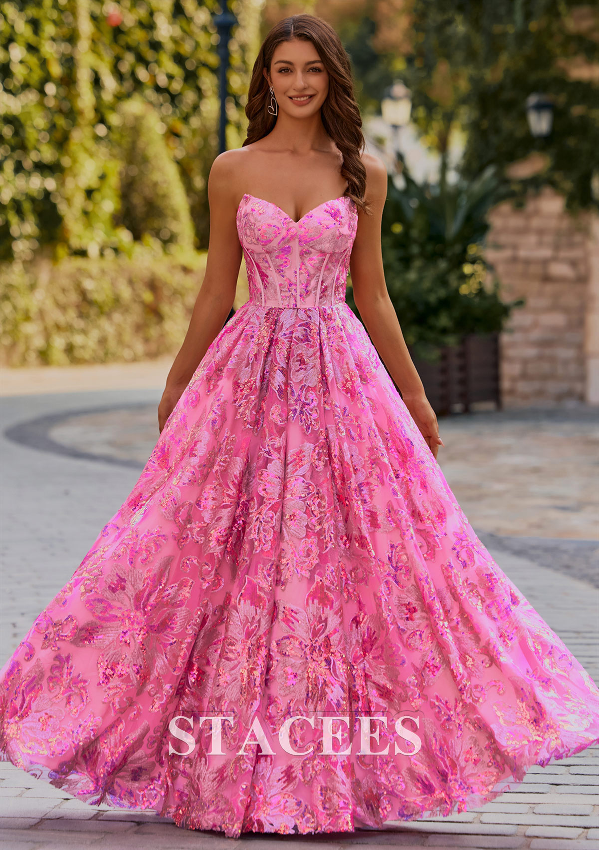 Candy Pink Sparkly A-line Strapless Floral Sequined Floor-Length Pockets Prom Dress - STACEES