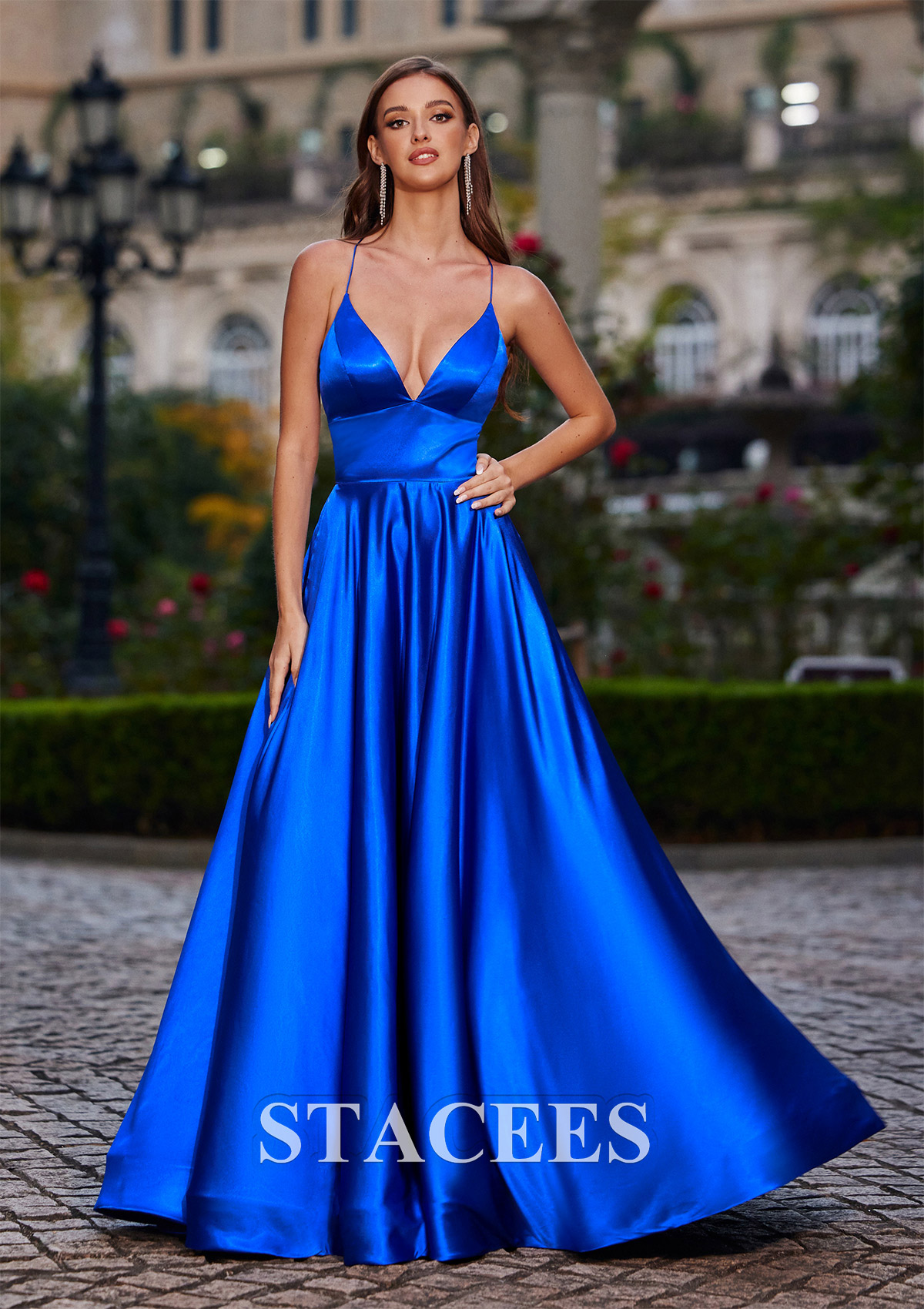 Royal Blue Vestido línea a escote en v tela charmeuse hasta el suelo vestido de graduación - STACEES