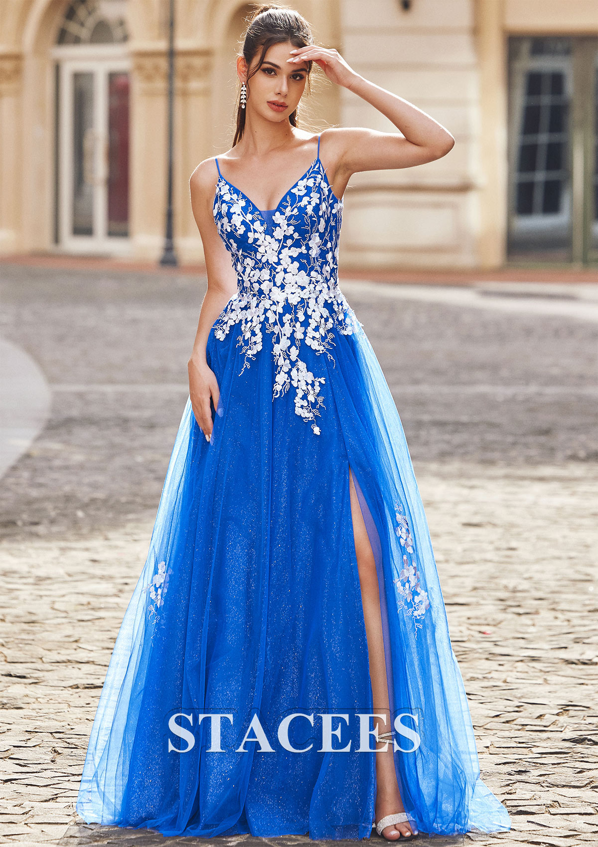 Ocean Blue Vestido línea a escote en v tul hasta el suelo vestido de graduación - STACEES