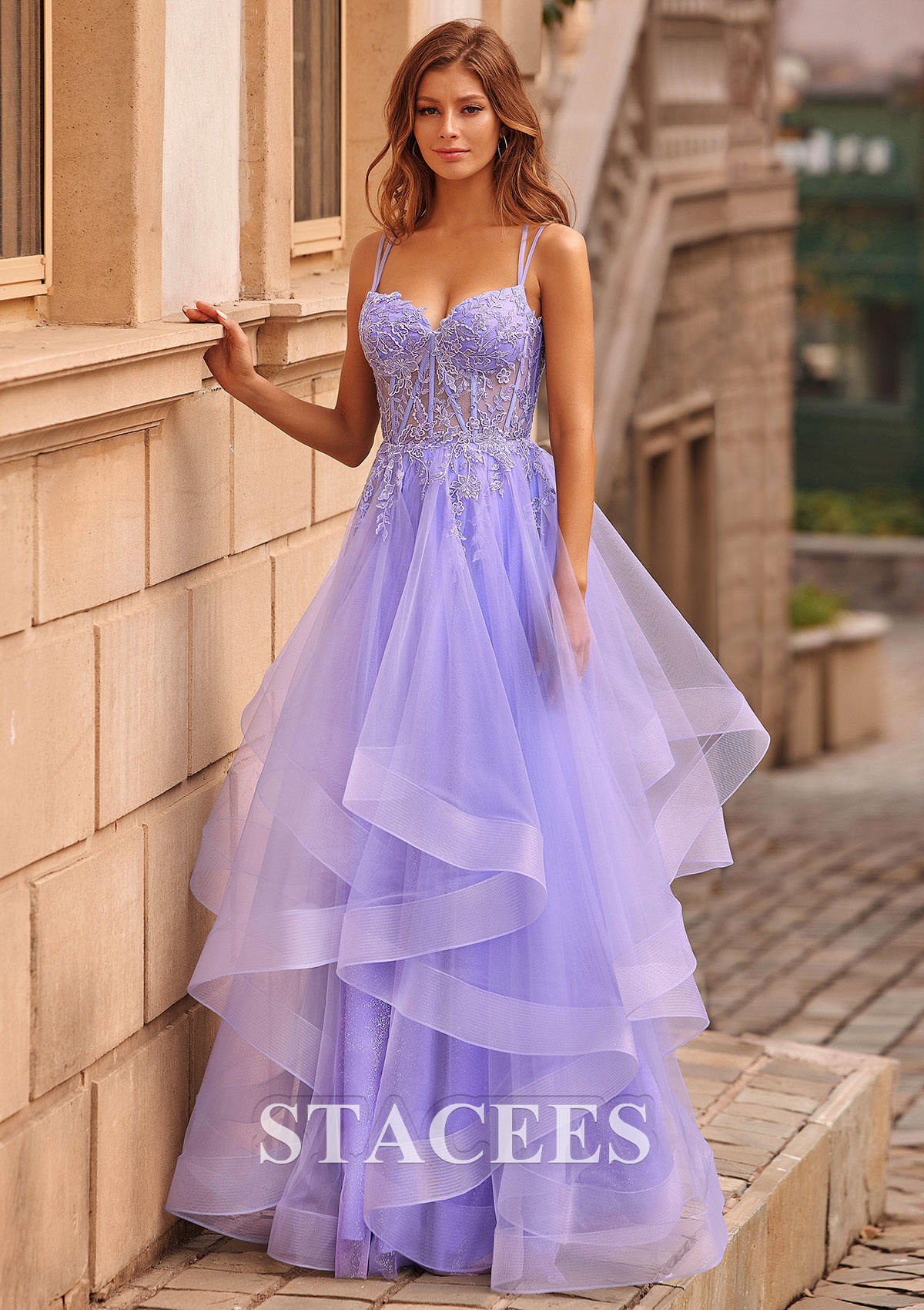 As Picture A-line V Neck Tulle Floor-Length Prom Dress with Appliqued Ruffles Glitter - STACEES
