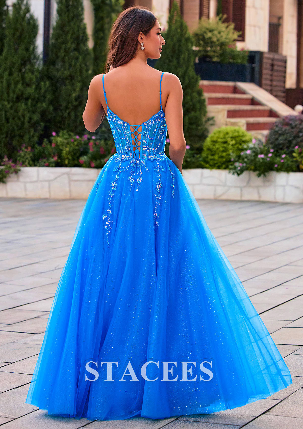 Bleu Océan Trapèze col en v tulle longueur ras du sol robe de bal avec paillettes fendue - STACEES