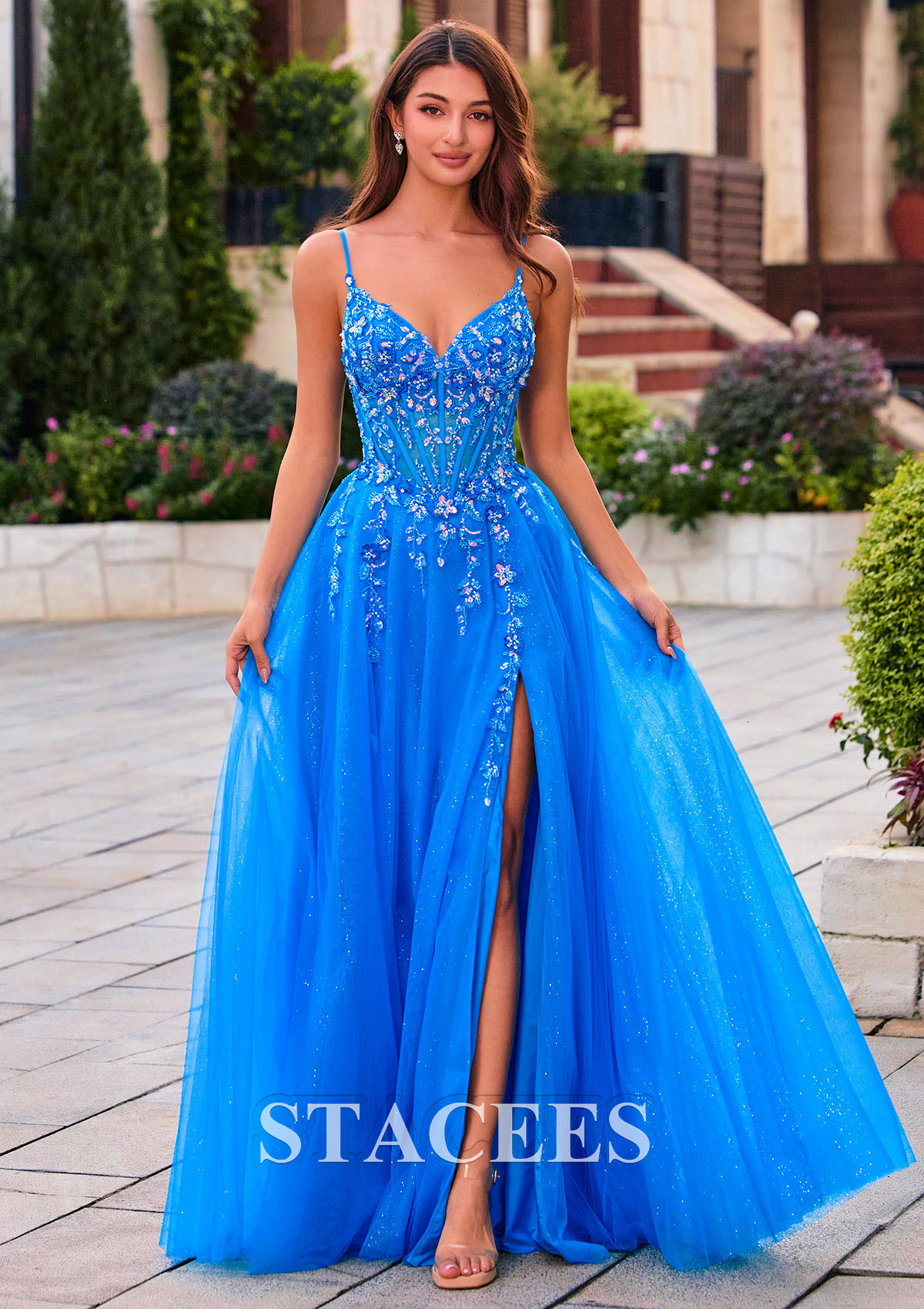 Bleu Océan Trapèze col en v tulle longueur ras du sol robe de bal avec paillettes fendue - STACEES