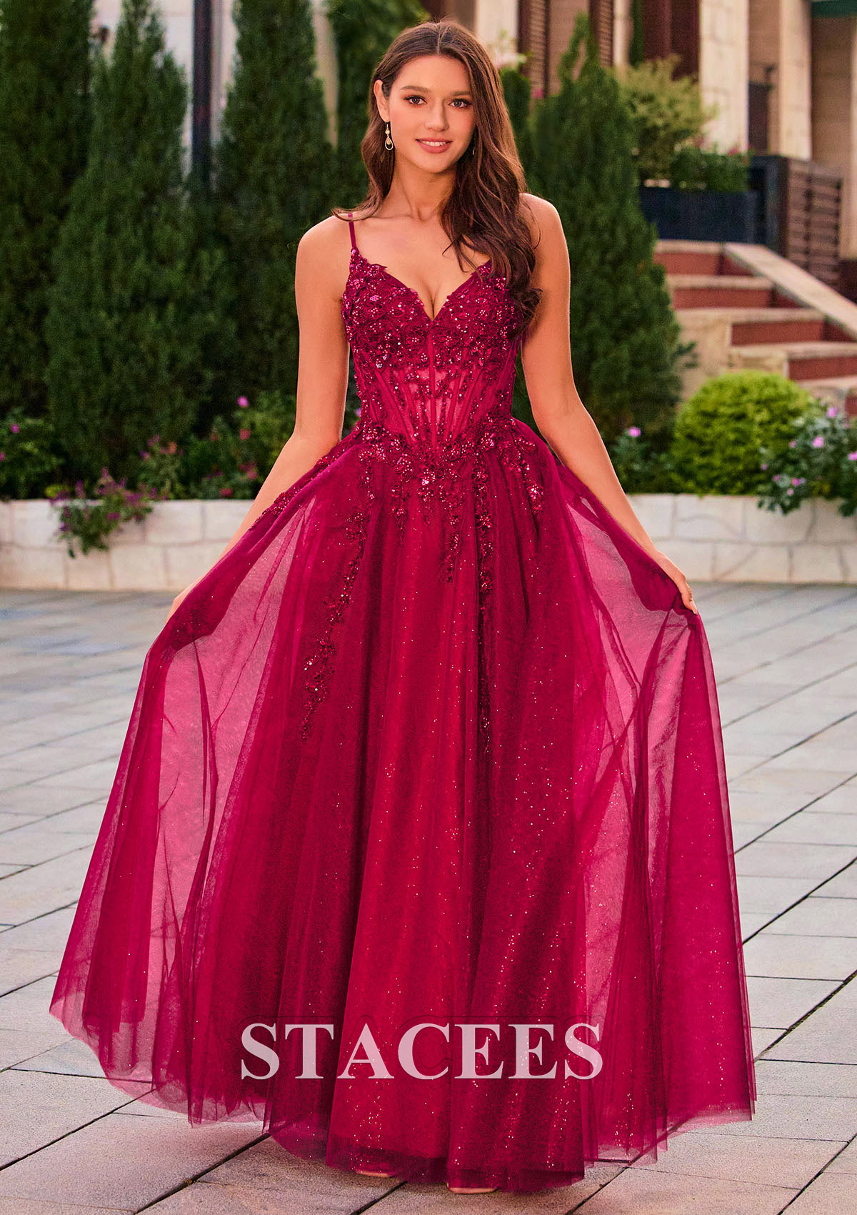 Bordeaux Trapèze col en v tulle longueur ras du sol robe de bal avec paillettes fendue - STACEES