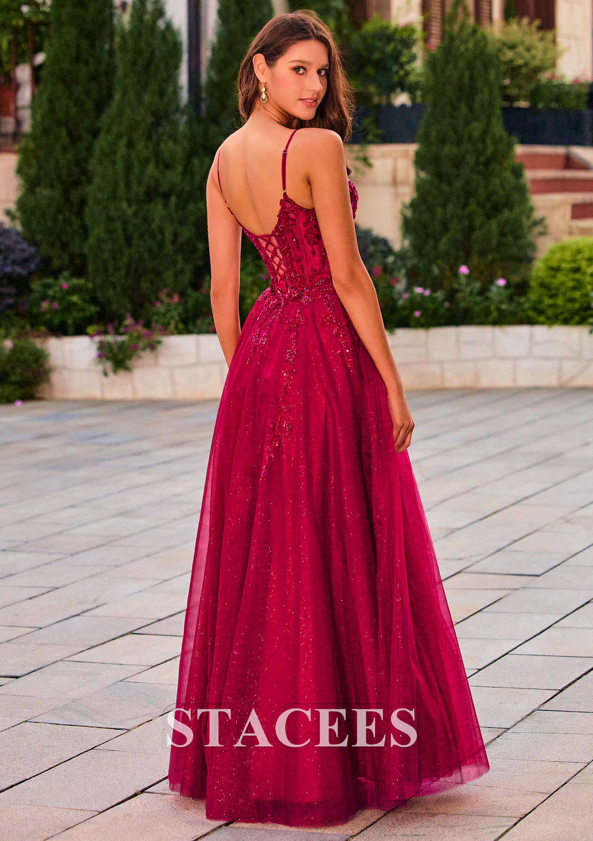 Bordeaux Trapèze col en v tulle longueur ras du sol robe de bal avec paillettes fendue - STACEES