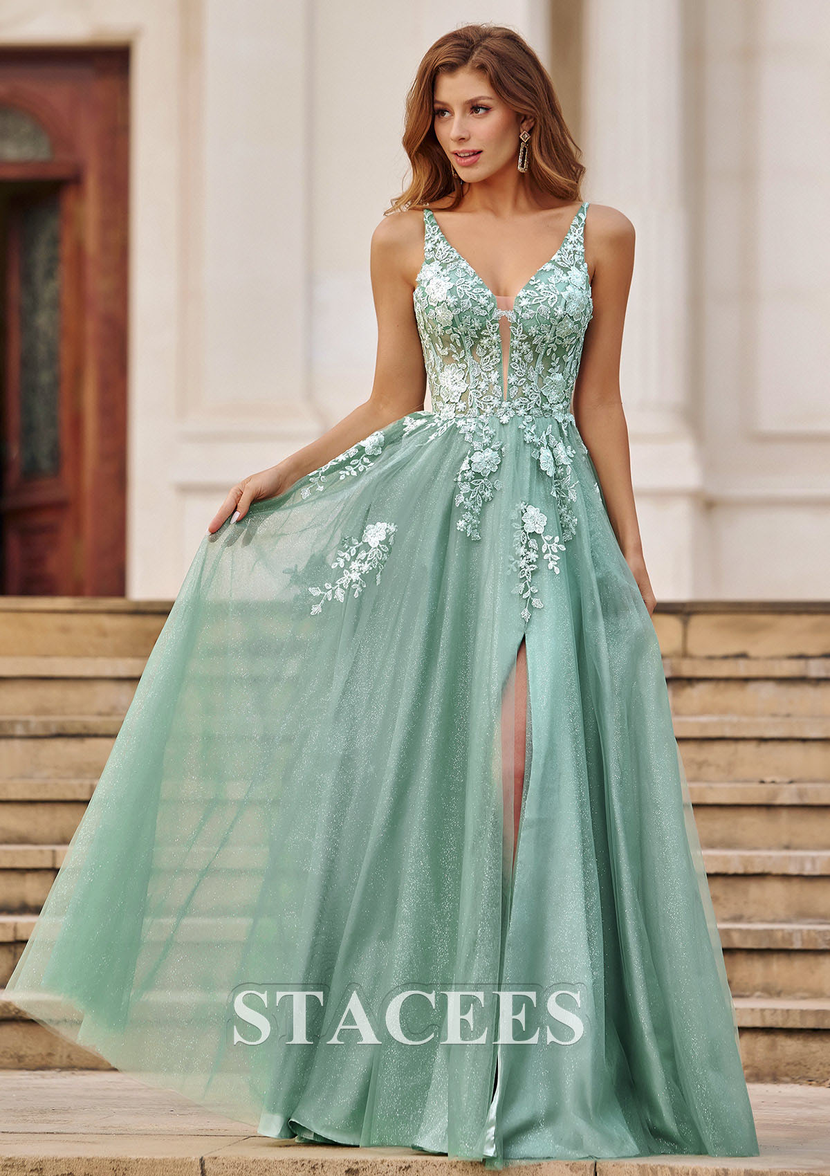 As picture A-line V Neck Tulle Sweep Train Prom Dress with Appliqued Sequins Split Glitter - STACEES