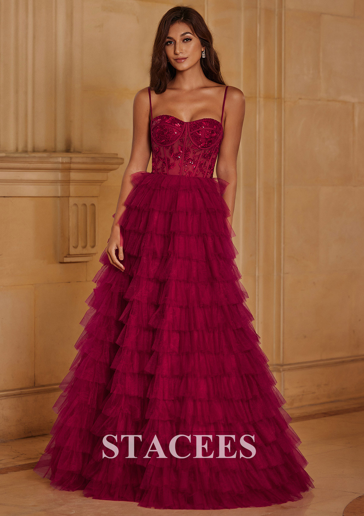 Burgundy  Ball Gown Sequined Lace Bodice Ruffled Tiered Floor-Length Prom Dress - STACEES