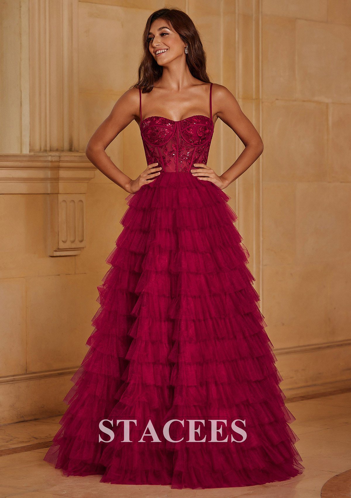 Burgundy  Ball Gown Sequined Lace Bodice Ruffled Tiered Floor-Length Prom Dress - STACEES