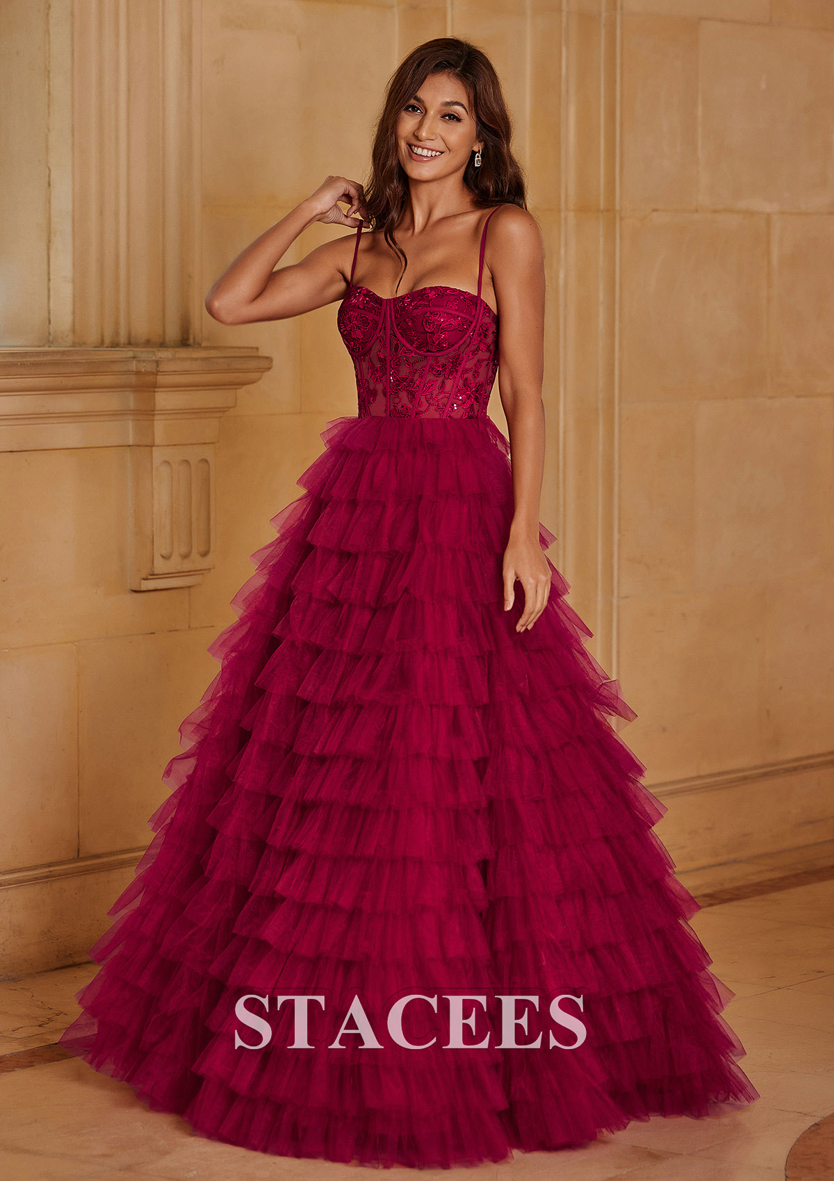 Burgundy  Ball Gown Sequined Lace Bodice Ruffled Tiered Floor-Length Prom Dress - STACEES