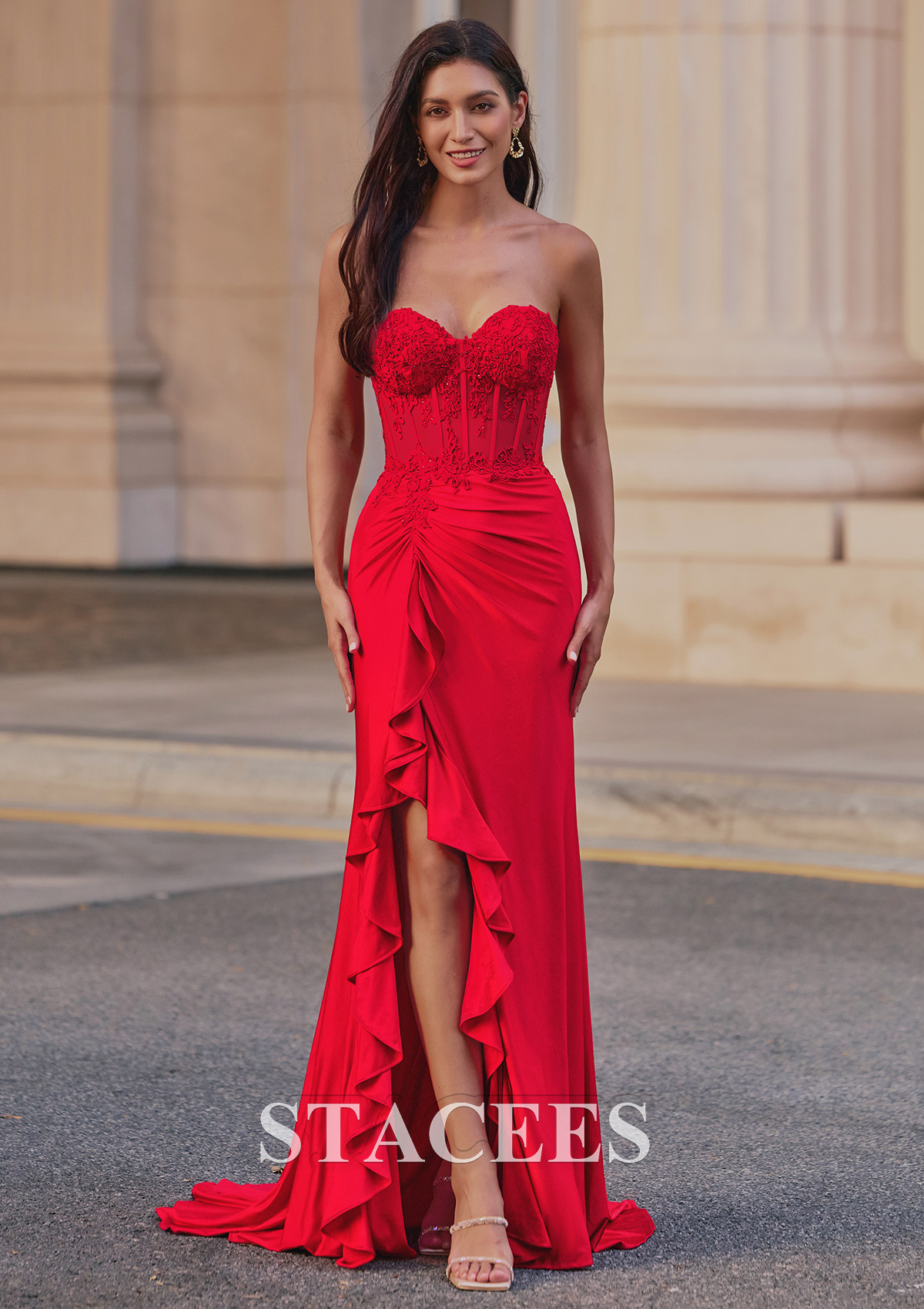 Rouge Trumpette/Sirène cache coeur jersey traîne balayage robe de bal avec appliqué volants fendue - STACEES