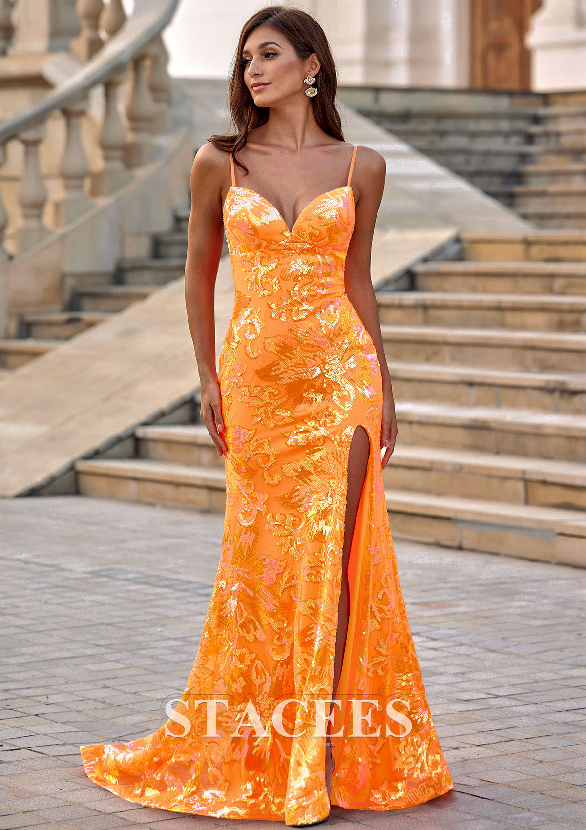 Orange Sparkly Mermaid V Neck Sequined Sweep Train Slit Prom Dress - STACEES