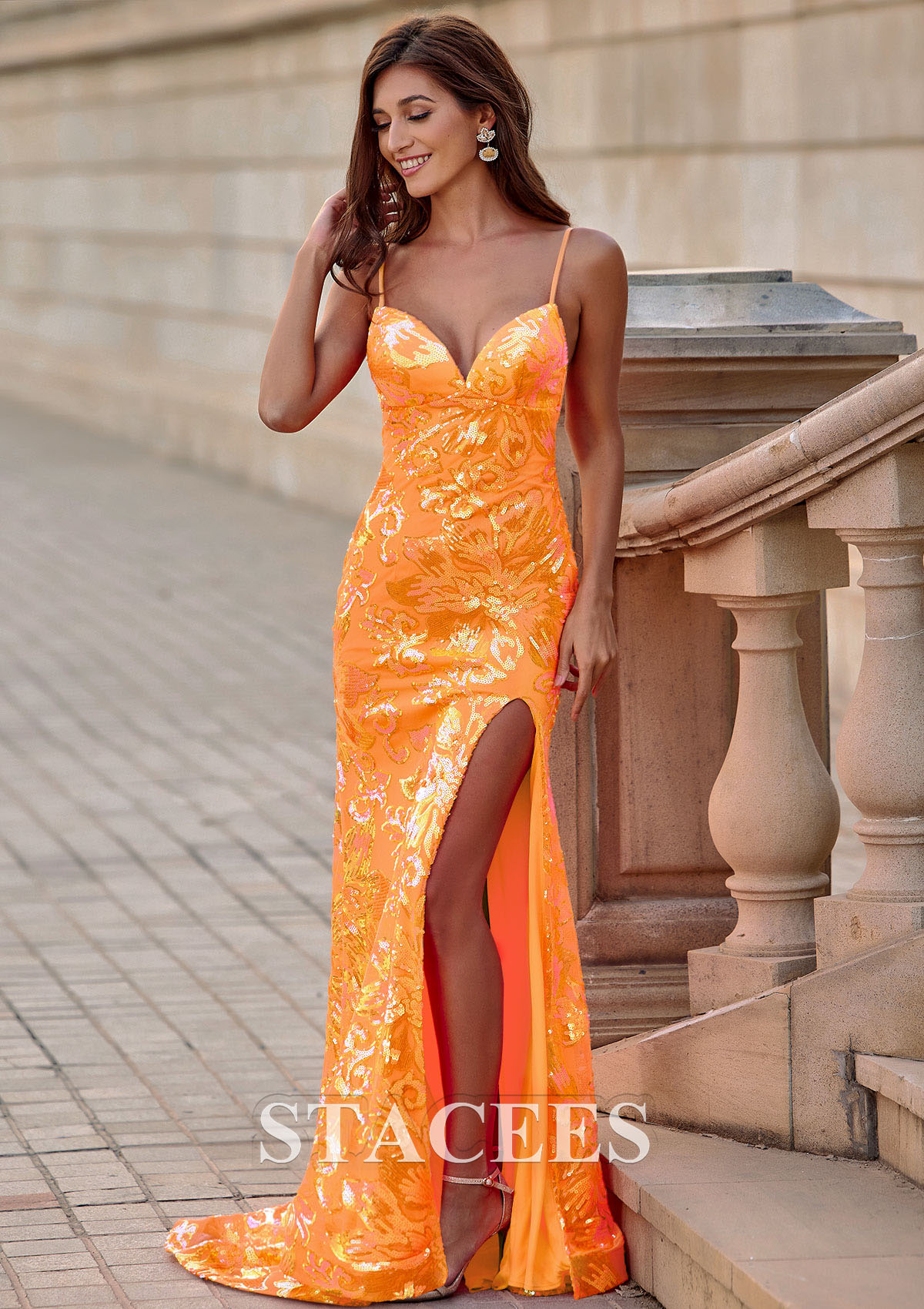 Orange Sparkly Mermaid V Neck Sequined Sweep Train Slit Prom Dress - STACEES