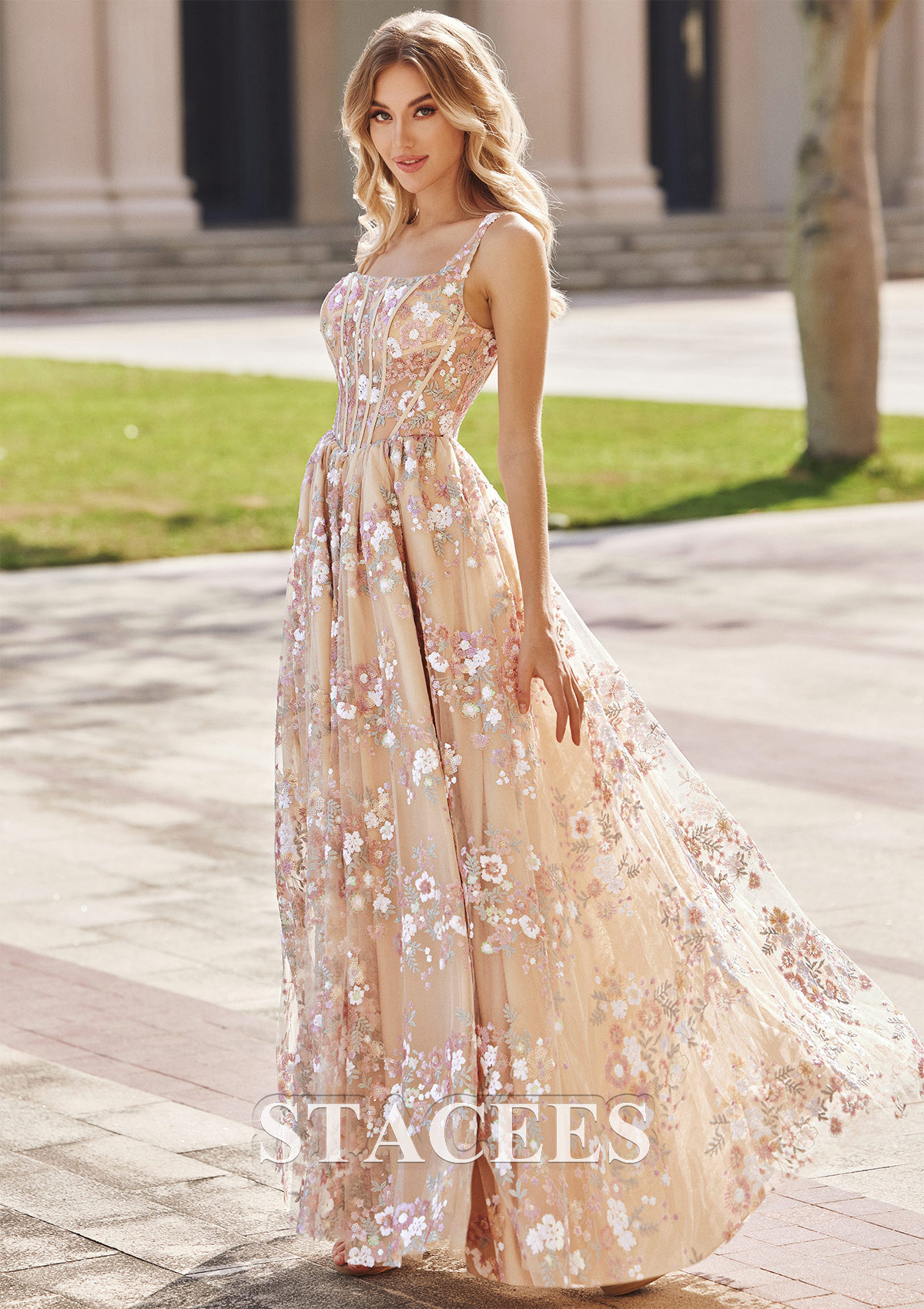 Champagne A-line Square Neckline Sleeveless Floor-Length Tulle Prom Dress with Sequins - STACEES