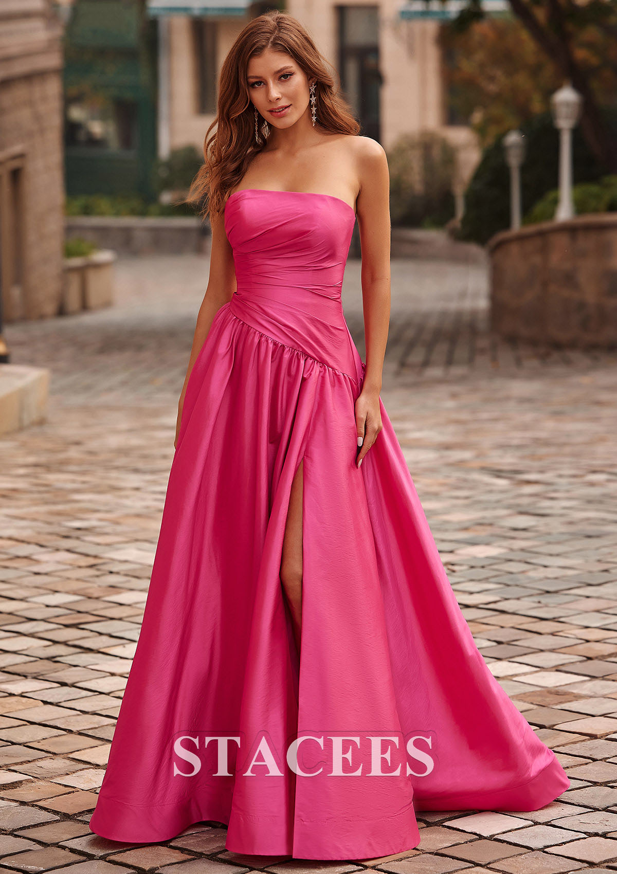 Hot Pink A-line Square Neckline Taffeta Sweep Train Prom Dress with Pleated Split - STACEES