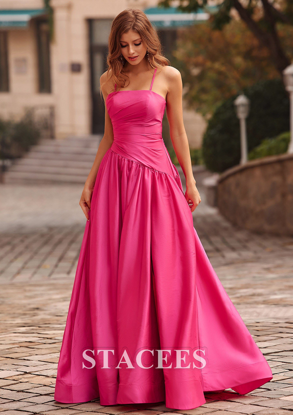 Hot Pink A-line Square Neckline Taffeta Sweep Train Prom Dress with Pleated Split - STACEES