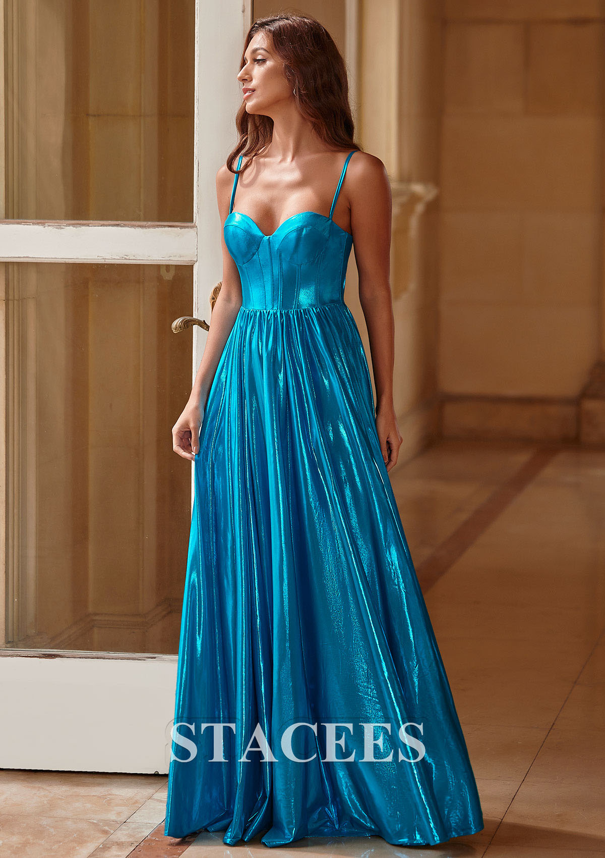 Blue A-line Sweetheart Metallic Long Pleated Prom Dress - STACEES