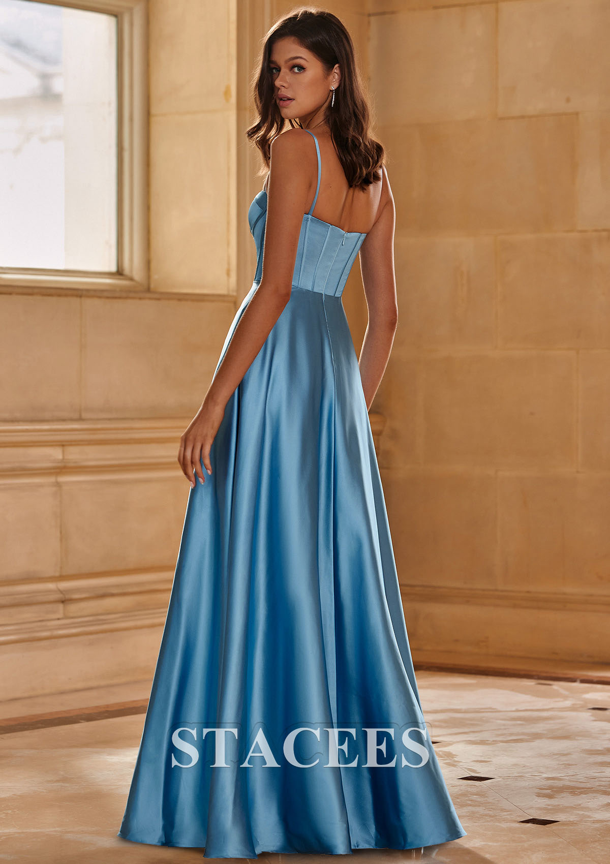 French Blue A-line Sweetheart Satin Floor-Length Prom Dress with Split - STACEES