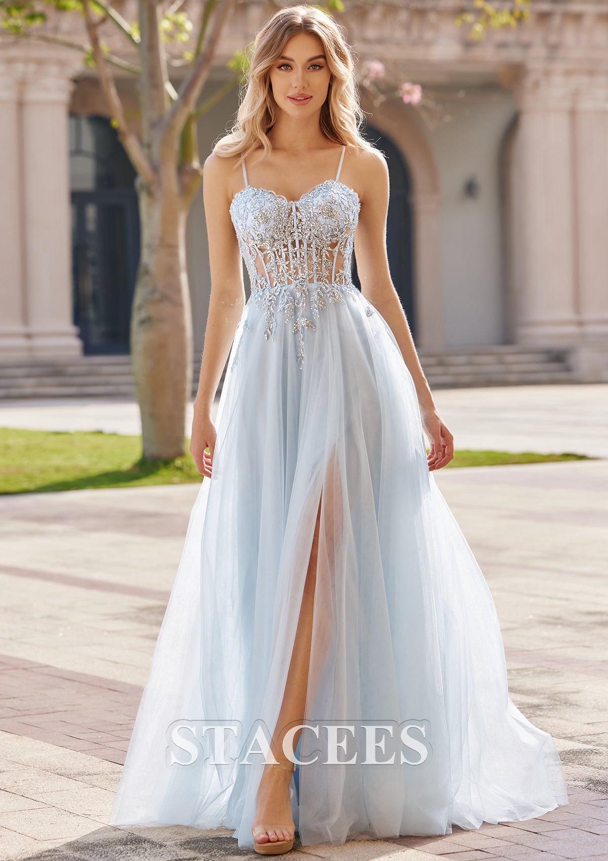 As picture A-line Sweetheart Sleeveless Sweep Train Tulle Prom Dress with Appliqued Sequins Split - STACEES