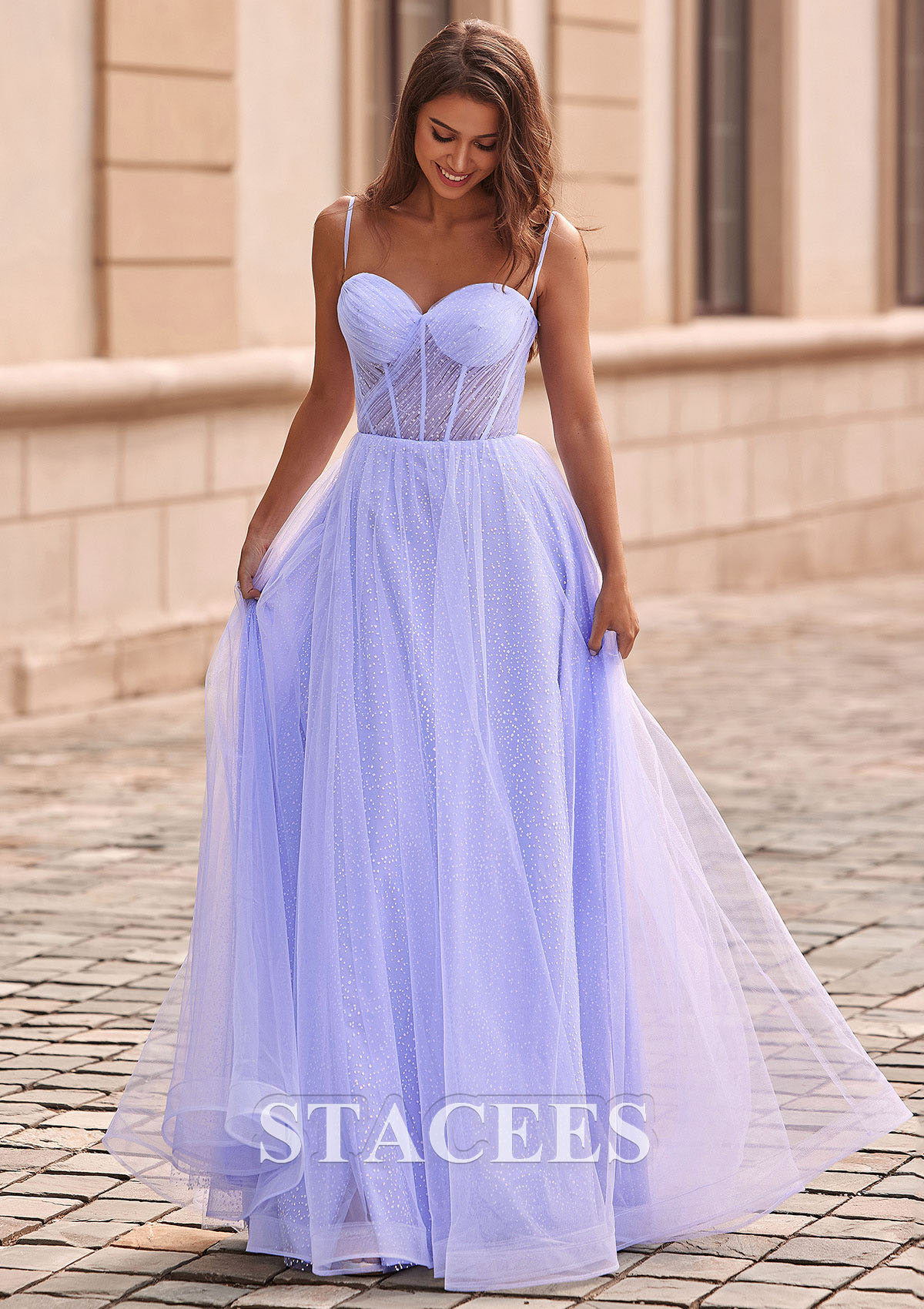 Lavender A-line Sweetheart Tulle Floor-Length Prom Dress with Pleated Split Glitter - STACEES