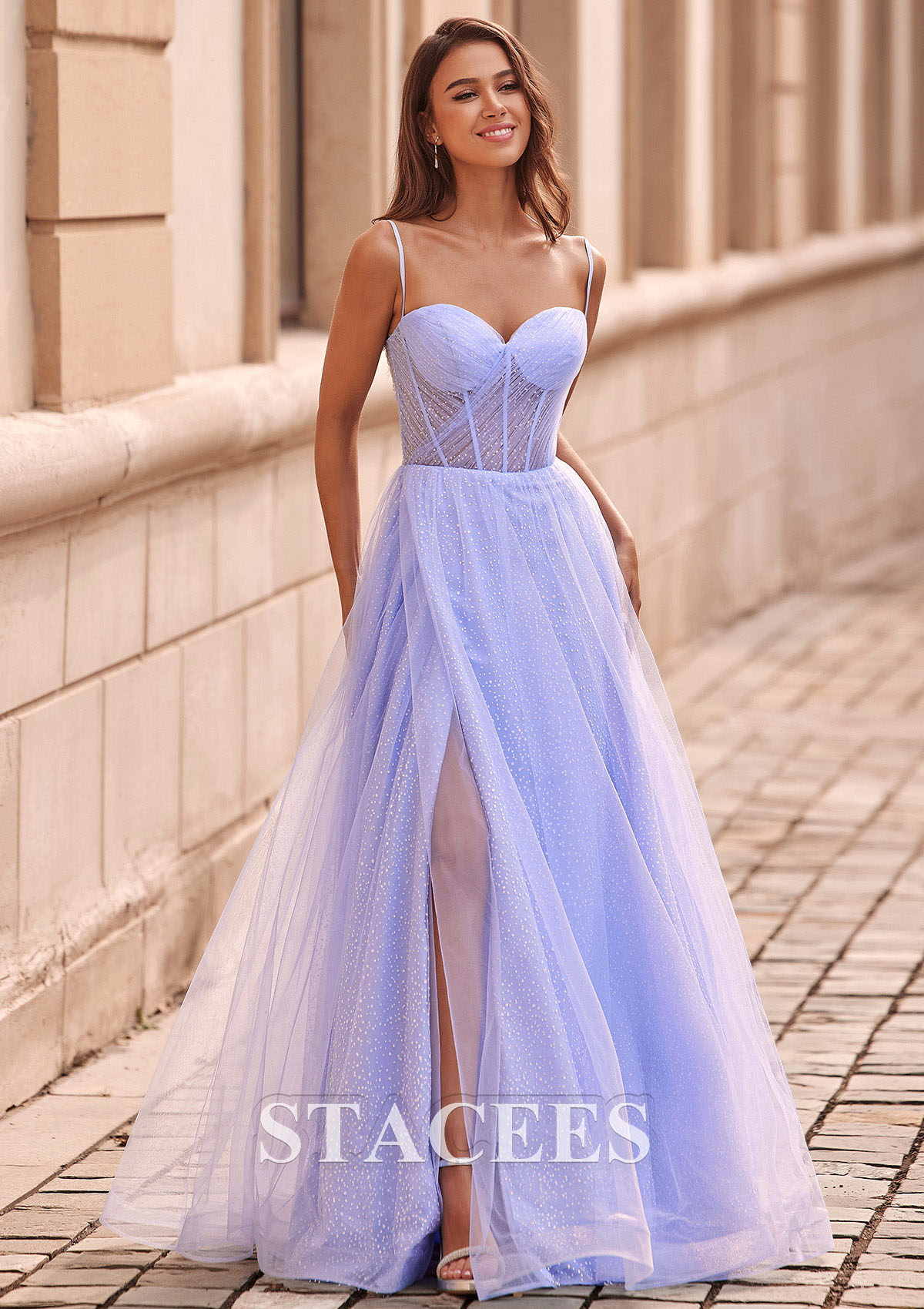 Lavender A-line Sweetheart Tulle Floor-Length Prom Dress with Pleated Split Glitter - STACEES