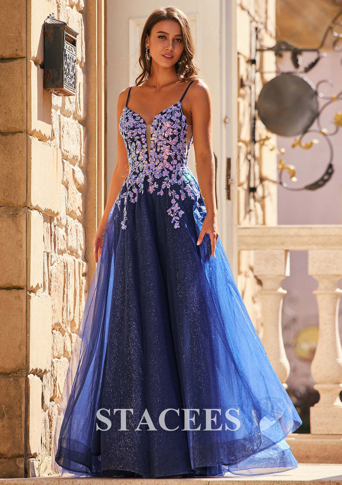 Dark Navy A-line V Neck Sweep Train Glittery Tulle Leaf Sequins Prom Dress - STACEES