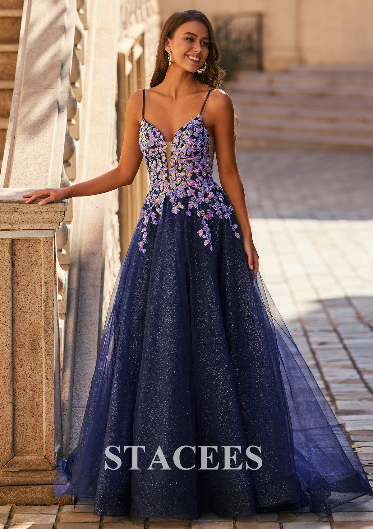 Dark Navy A-line V Neck Sweep Train Glittery Tulle Leaf Sequins Prom Dress - STACEES