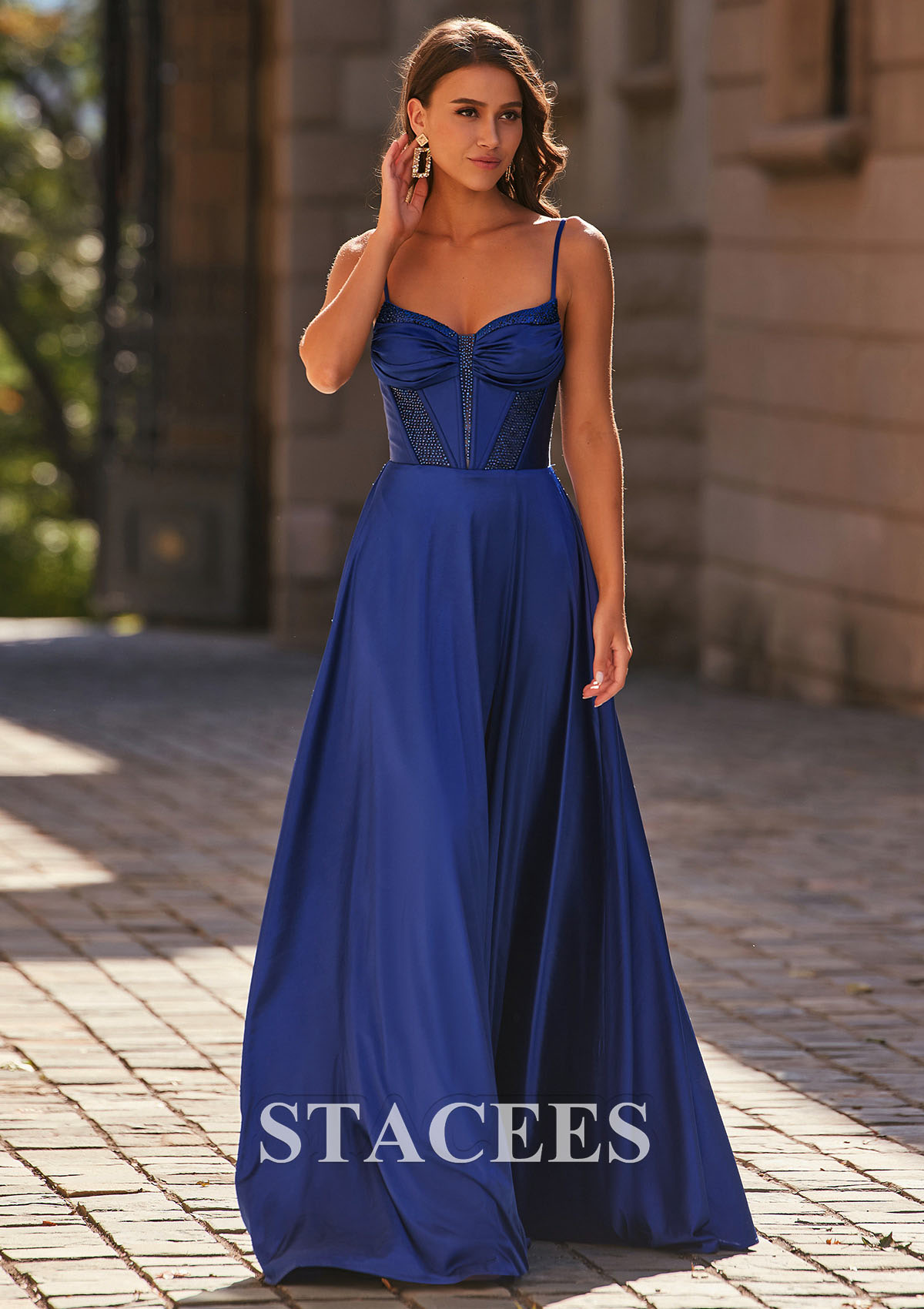 Navy Blue A-line V Neck Silk like Satin Sweep Train Prom Dress with Beading Pleated Split - STACEES