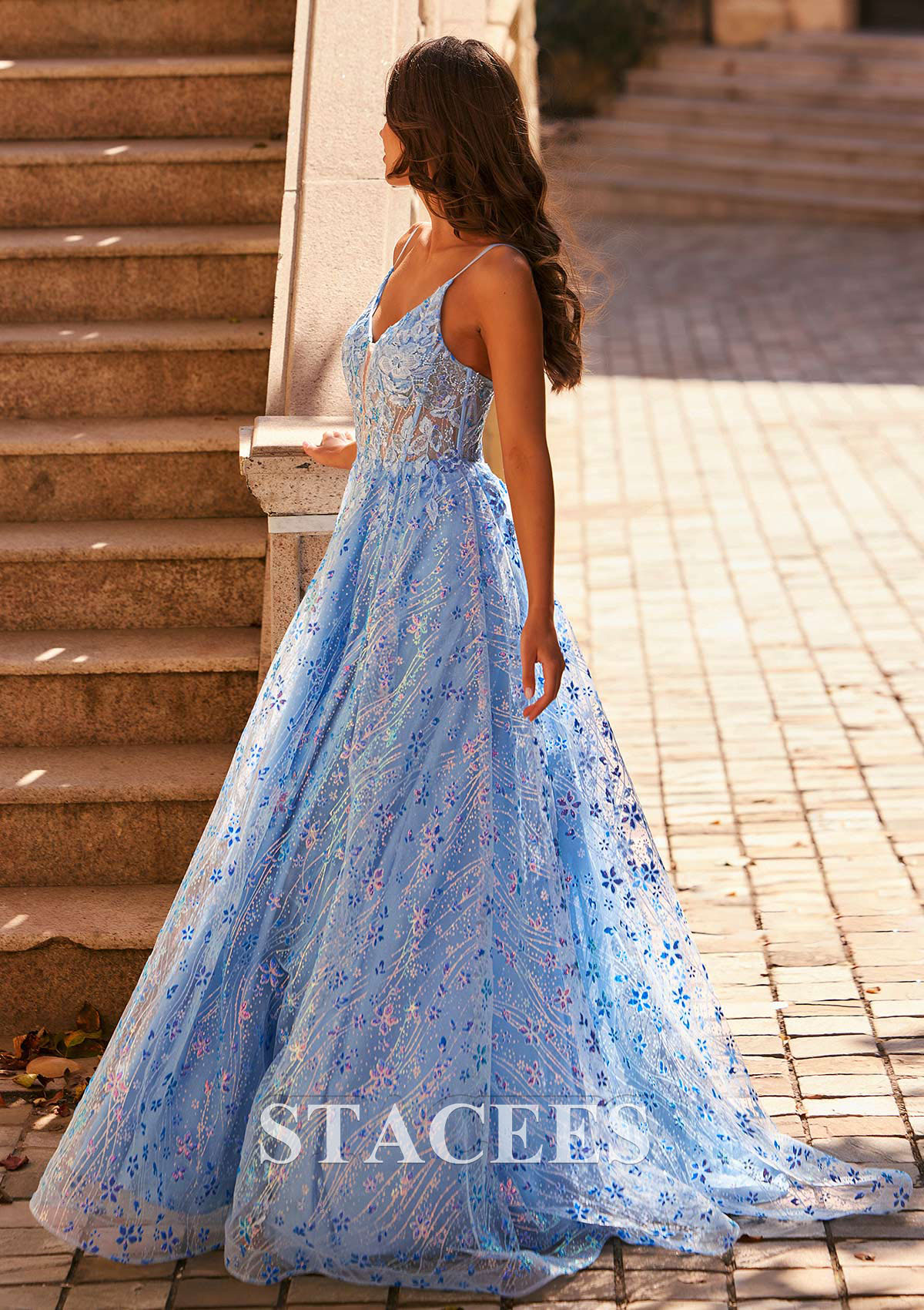 Sky Blue A-line V Neck Tulle Sweep Train Prom Dress with Appliqued Sequins Glitter - STACEES