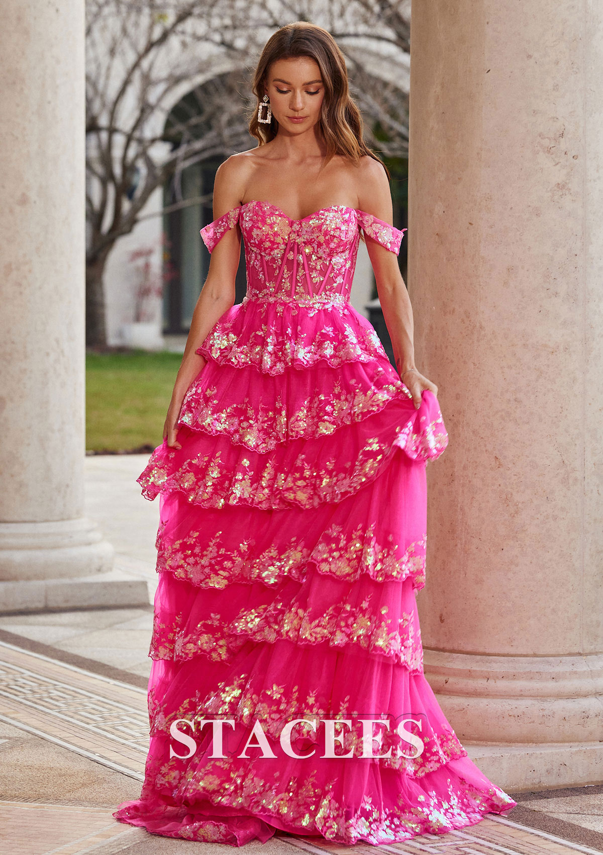 Fuchsia A-line Princess Off-the-Shoulder Sweep Train Tulle Prom Dress with Ruffles Sequins - STACEES