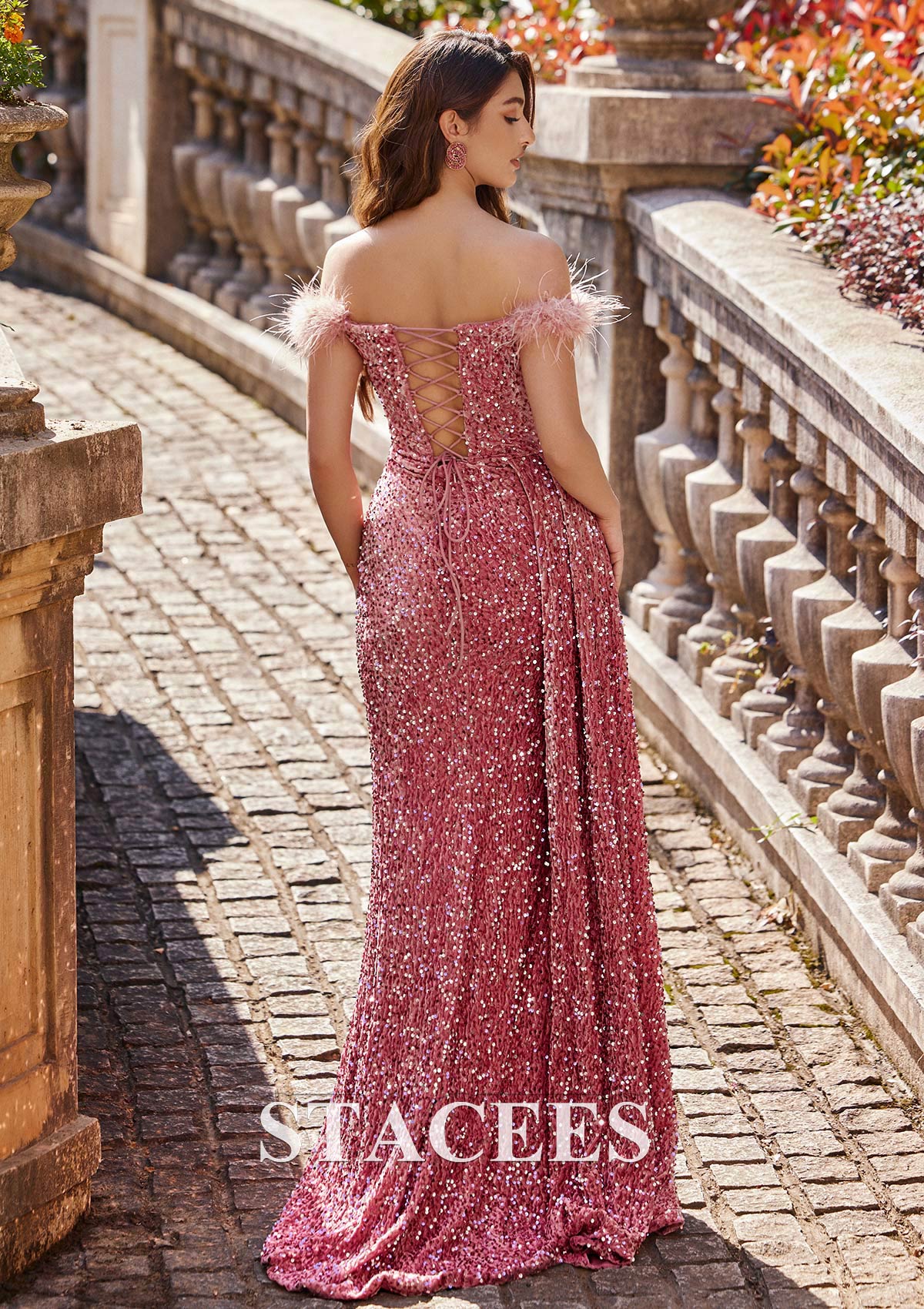 Vintage Mauve Sheath/Column Off-the-Shoulder Sweep Train Velvet Sequins Prom Dress with Side Draping Split - STACEES