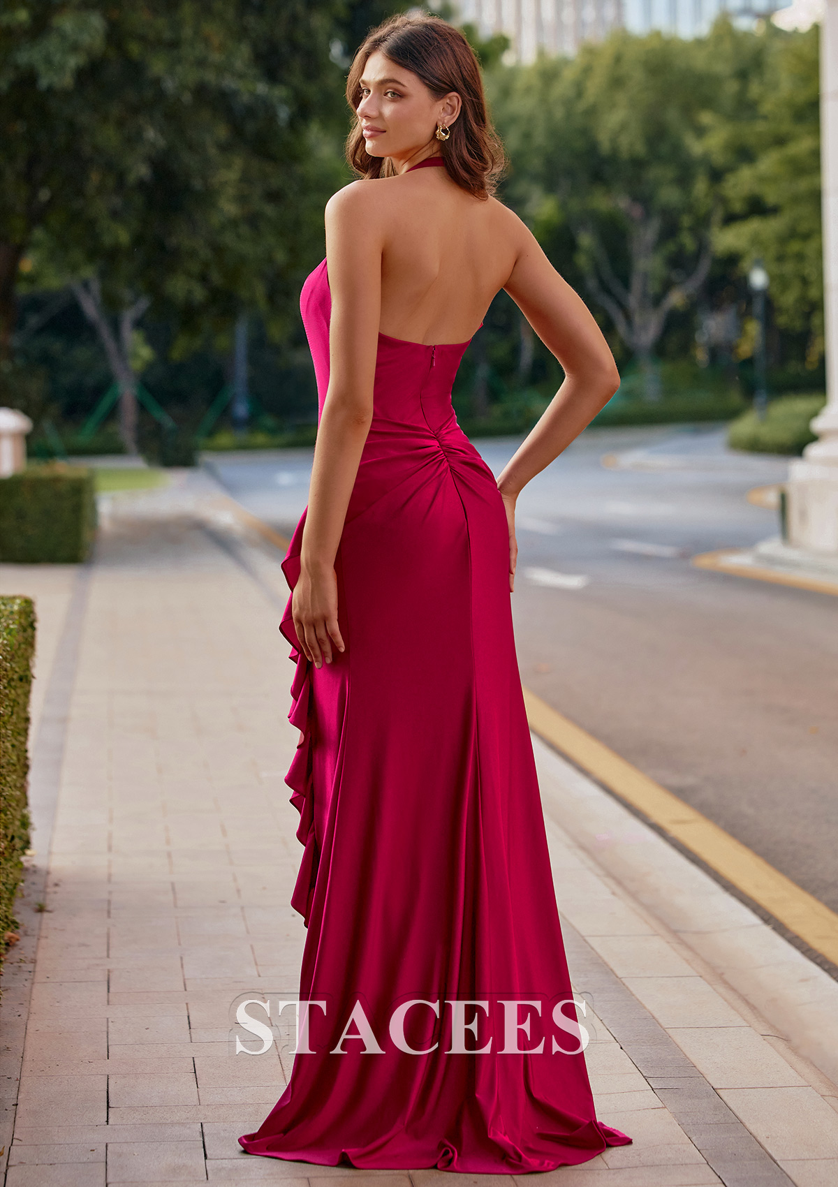Bordeaux Trumpette/Sirène licou jersey traîne balayage robe de bal avec fendue volants en cascade - STACEES