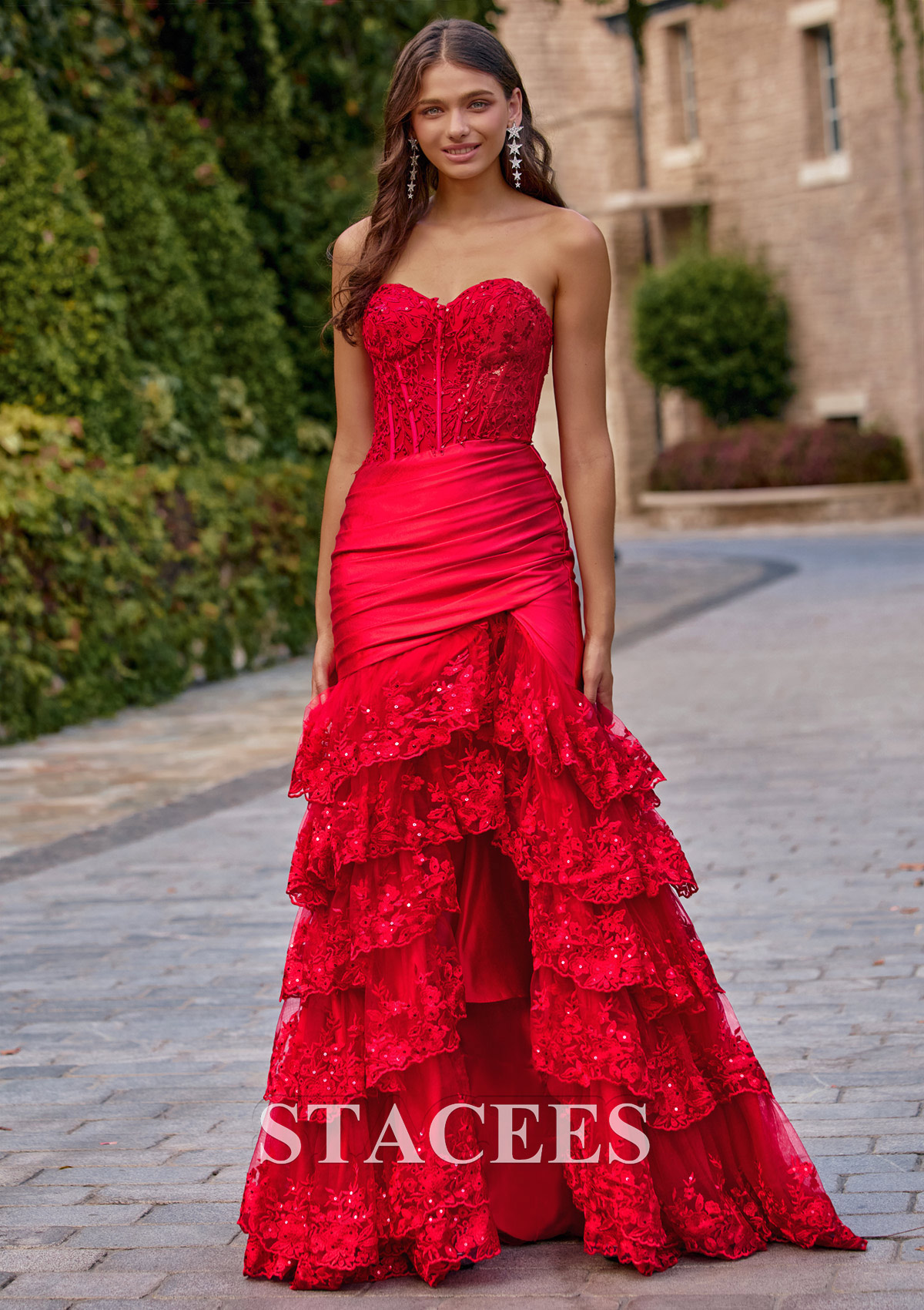Red Strapless Sequins Lace Tiered Ruffle Mermaid Slit Prom Dress - STACEES