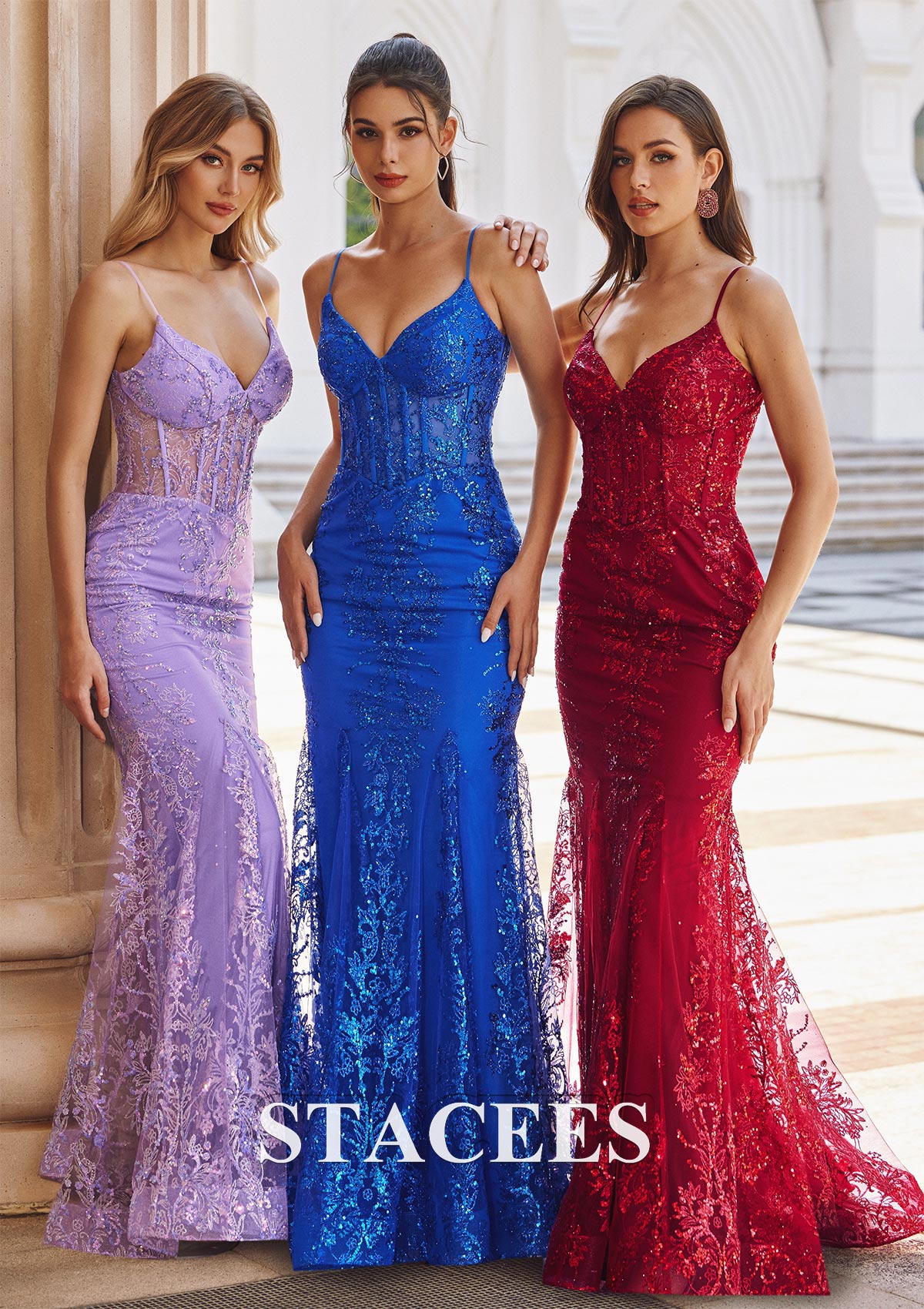Royal Blue Trumpet/Mermaid V Neck Sleeveless Sweep Train Glitter Prom Dress with Sequins - STACEES