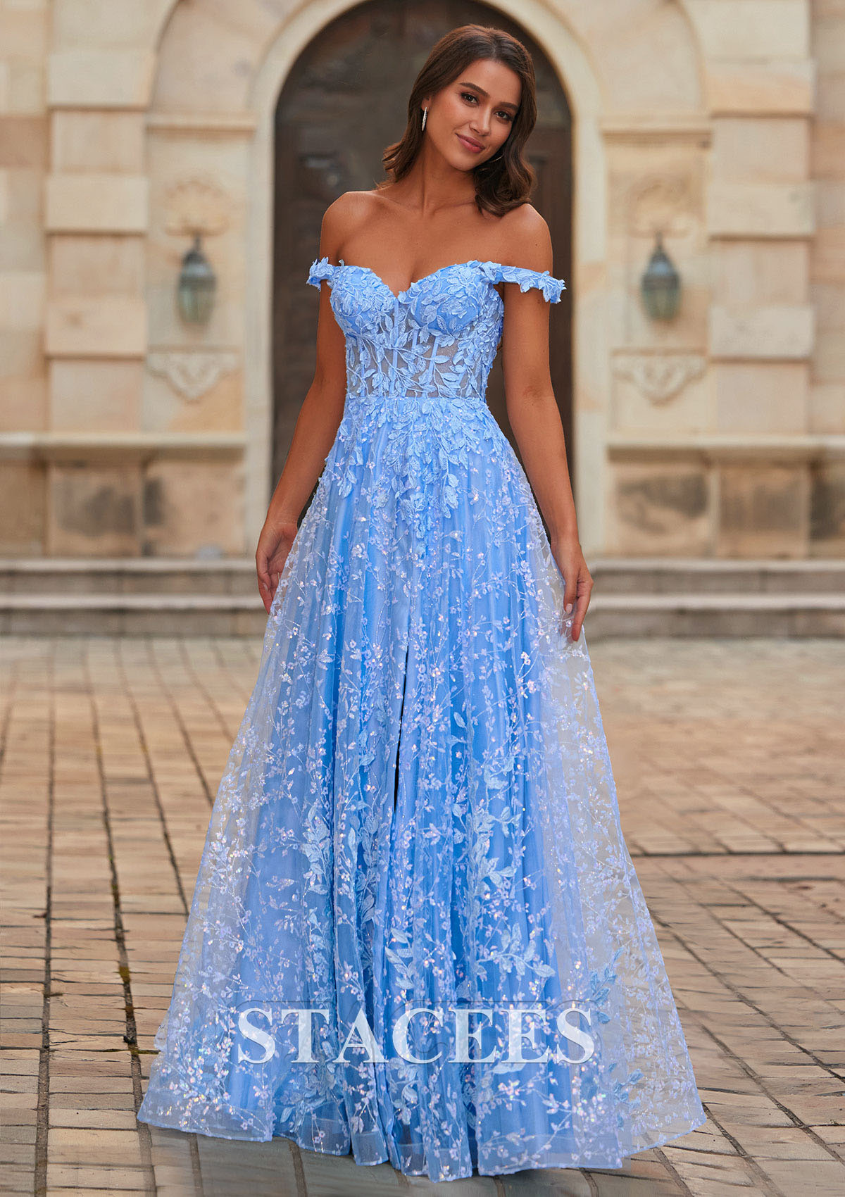 Bleu Ciel Trapèze épaule dénudée tulle traîne balayage robe de bal  - STACEES