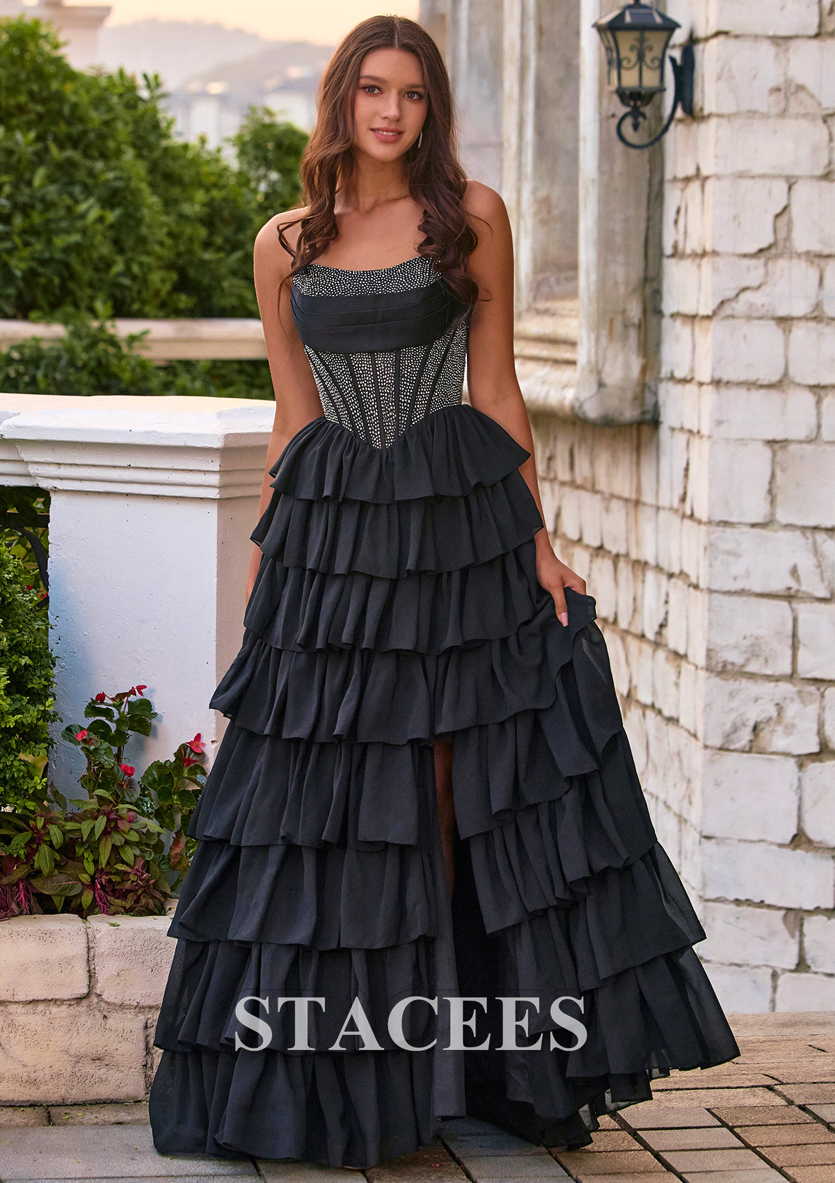 Strapless Ruched A-line Hotfix Corset Tiered Ruffle Chiffon Prom