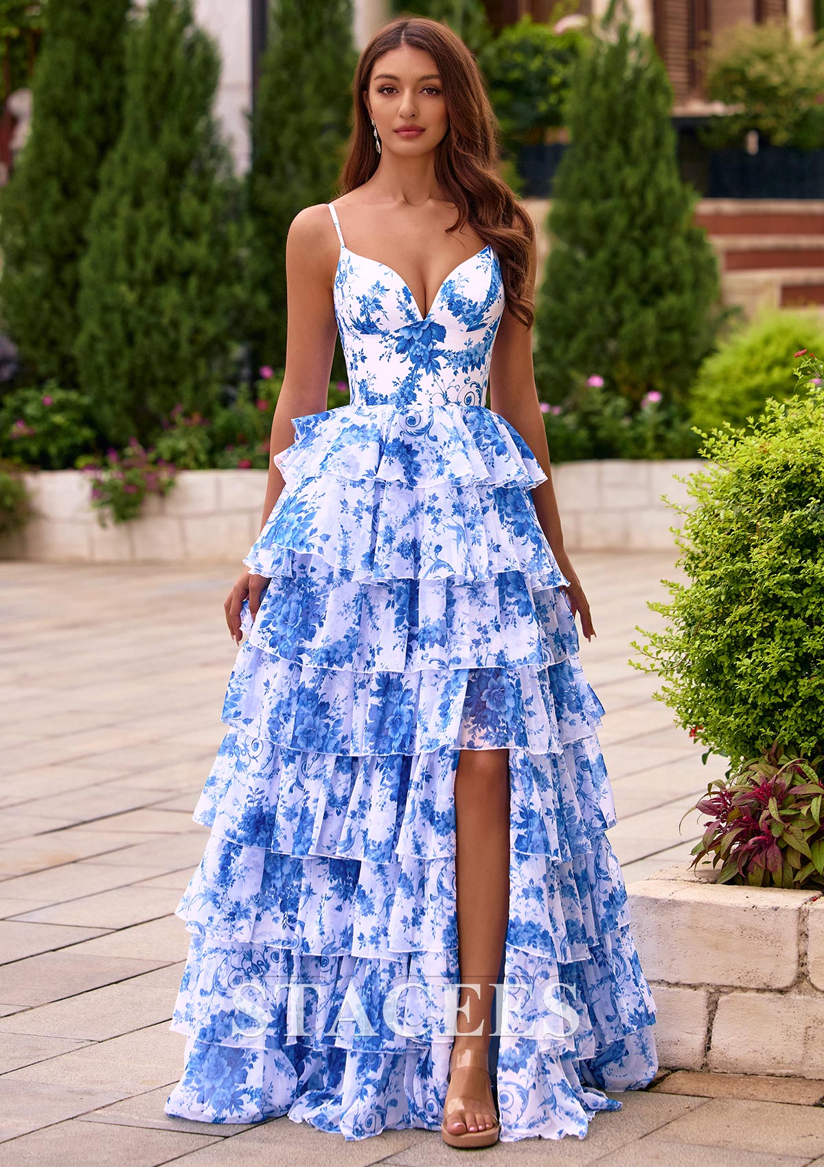Ocean Blue Floral A-line V Neck Spaghetti Strap Floral Print Tiered Ruffle Prom Dress with Slit  - STACEES