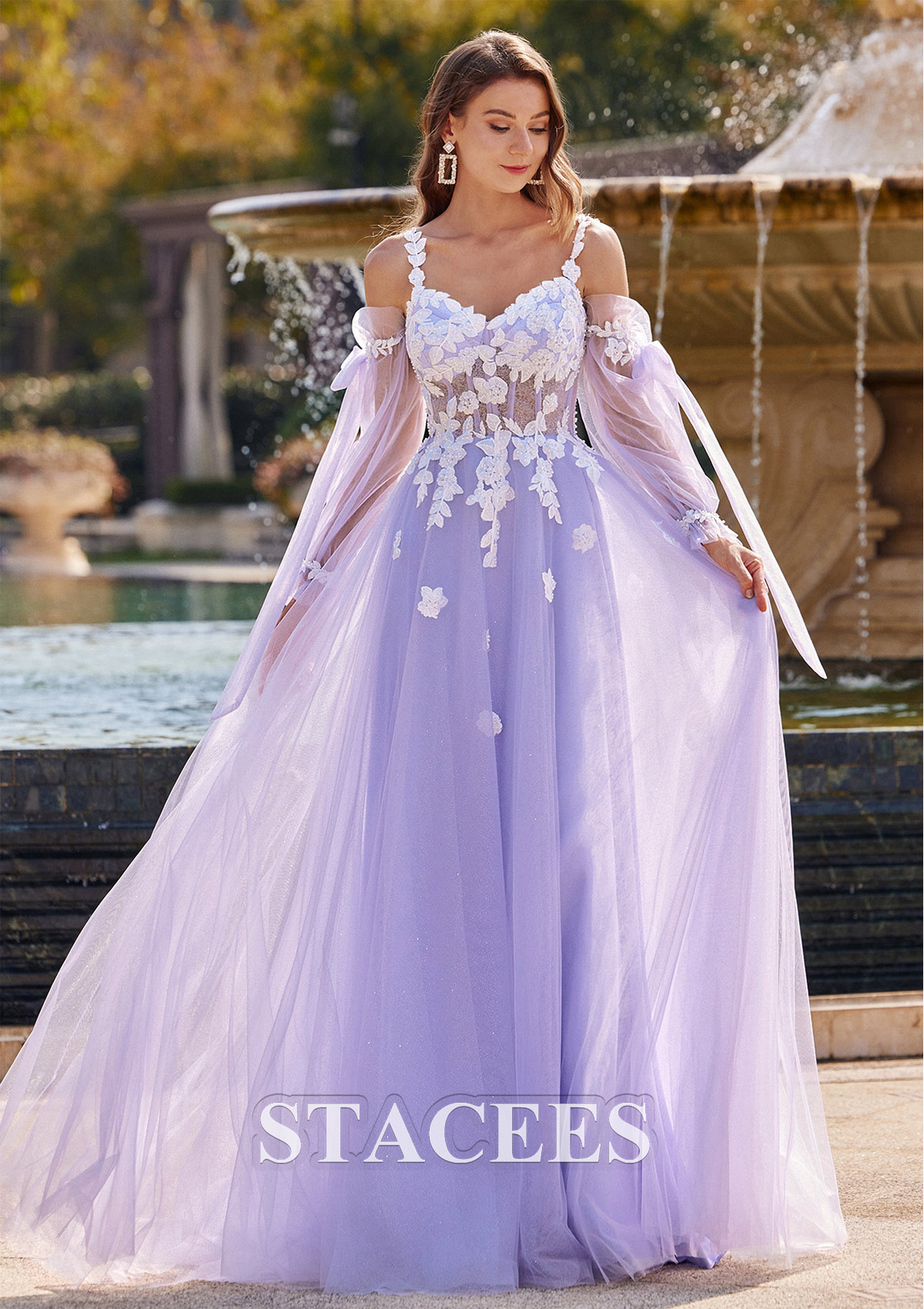 Lavender A-line V Neck Full/Long Sleeve Sweep Train Tulle Prom Dress with Appliqued Beading - STACEES