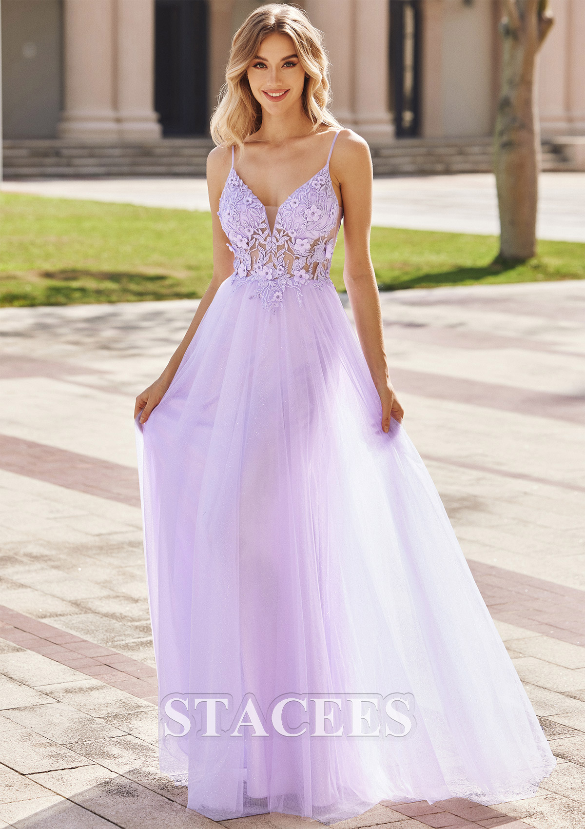 Lilac A-line V Neck Sleeveless Floor-Length Tulle Prom Dress with Appliqued Beading Flowers Glitter - STACEES