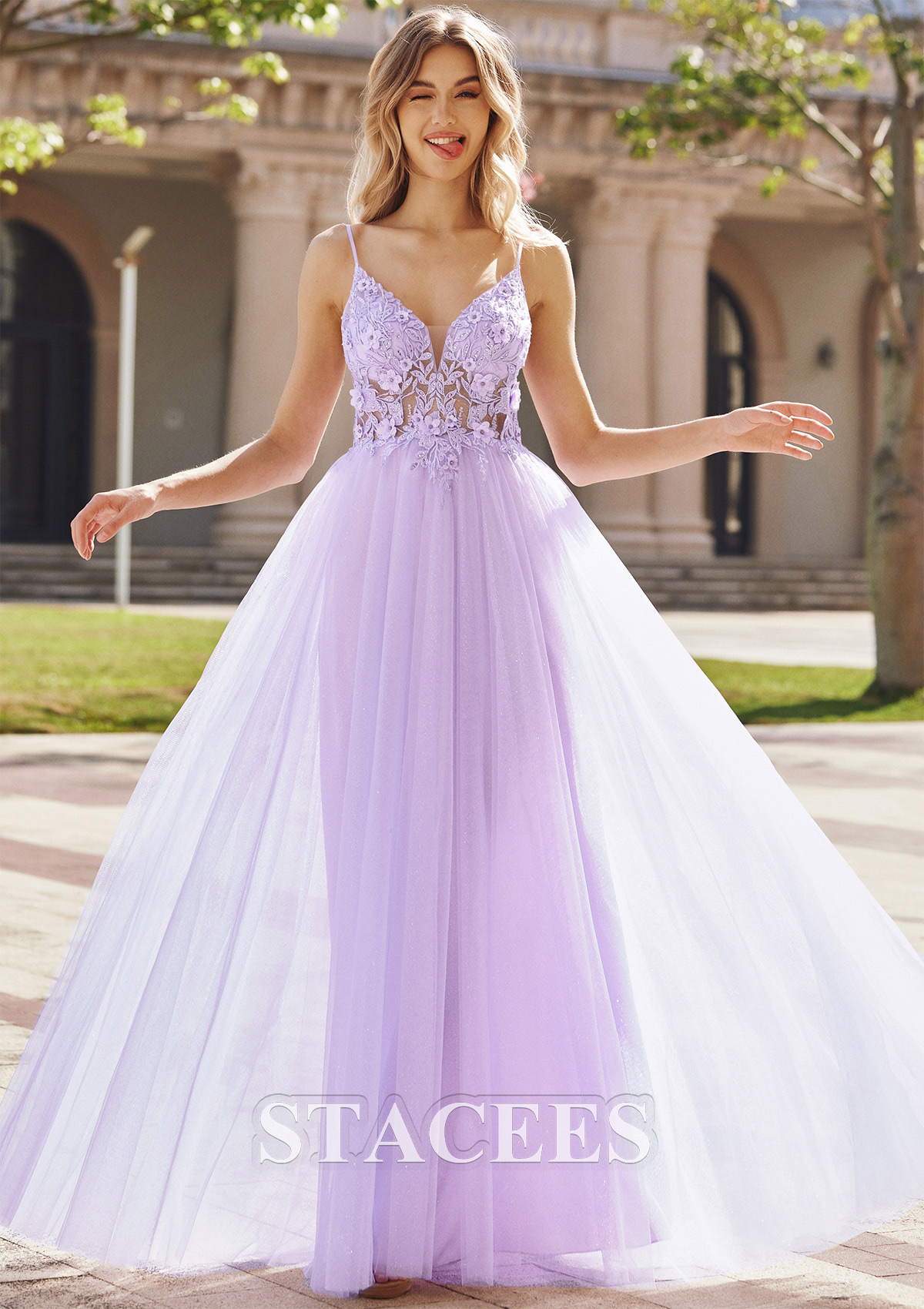 Lilac A-line V Neck Sleeveless Floor-Length Tulle Prom Dress with Appliqued Beading Flowers Glitter - STACEES