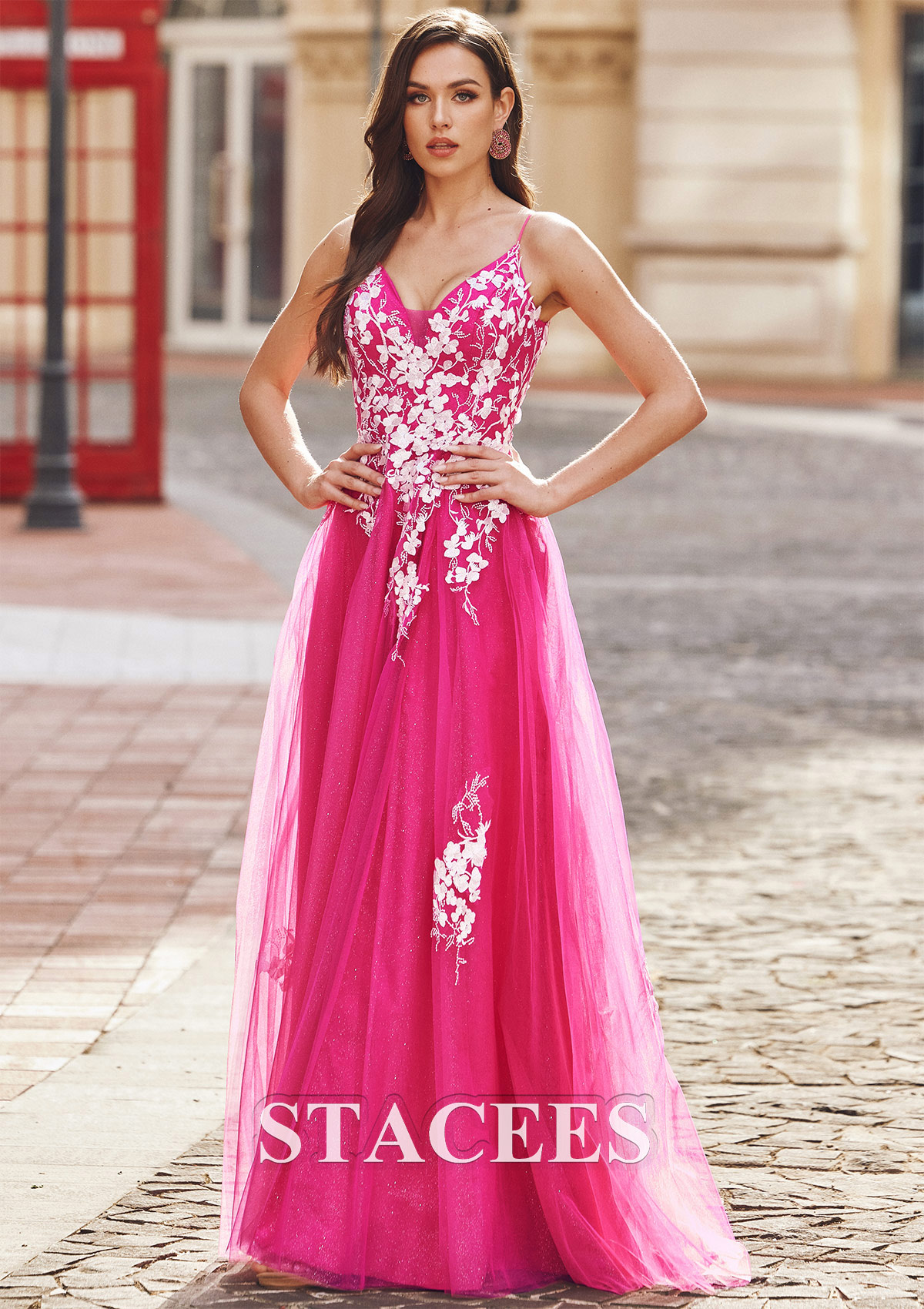 Fucsia Vestido línea a escote en v tul hasta el suelo vestido de graduación - STACEES