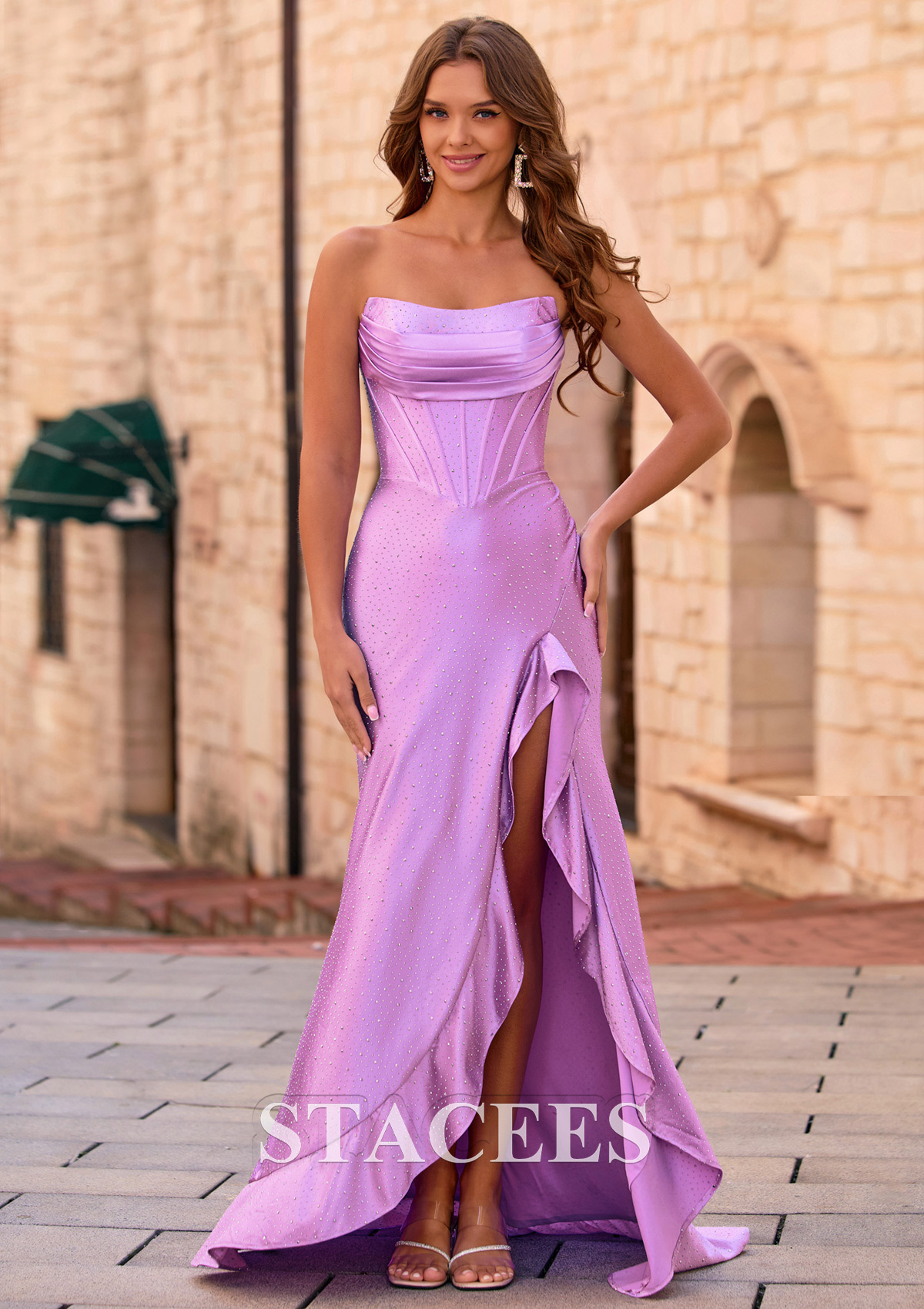 Lilas Fourreau scoop soie comme du satin traîne balayage robe de bal avec strass thermocollant volants - STACEES