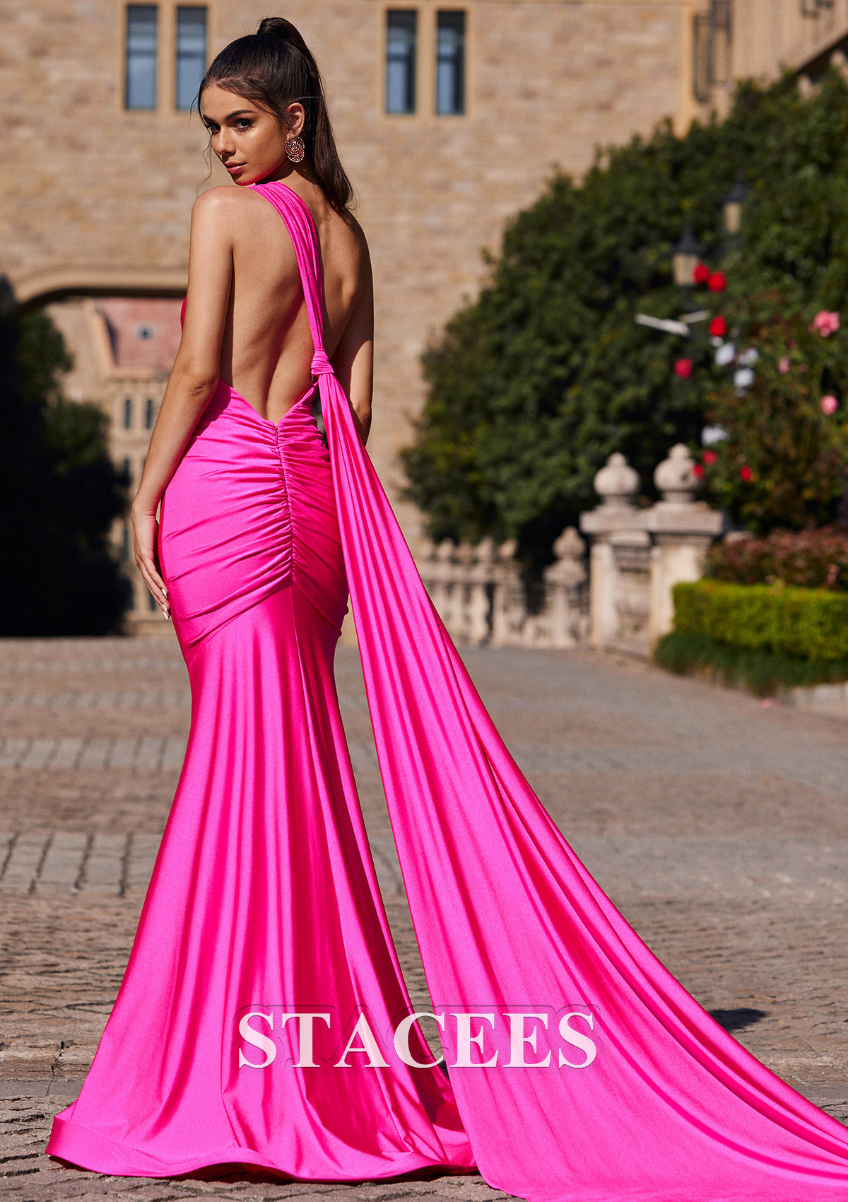 Fuchsia Trumpet/Mermaid One-Shoulder Sweep Train Jersey Prom Dress with Pleated Side Draping - STACEES