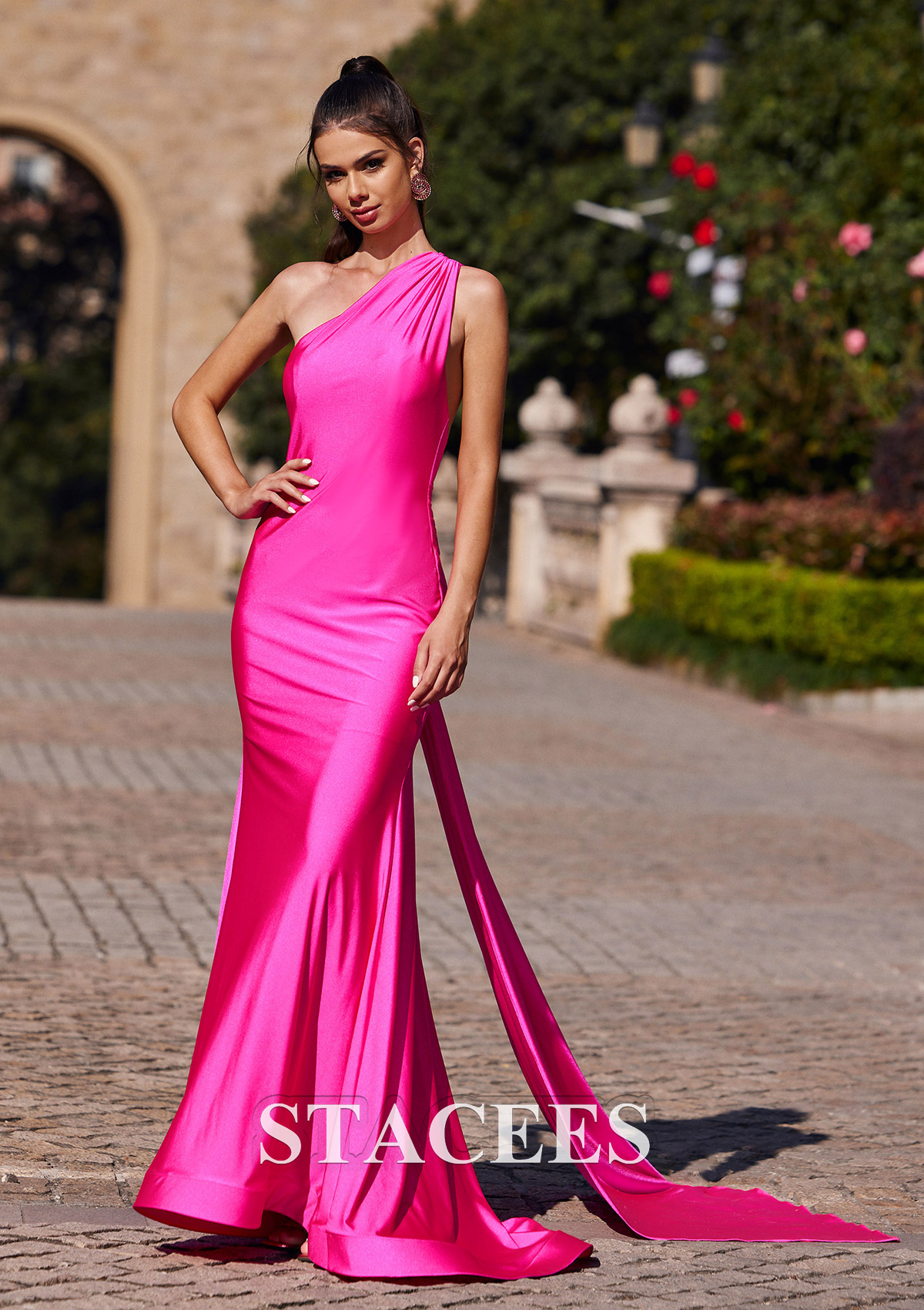 Fuchsia Trumpet/Mermaid One-Shoulder Sweep Train Jersey Prom Dress with Pleated Side Draping - STACEES