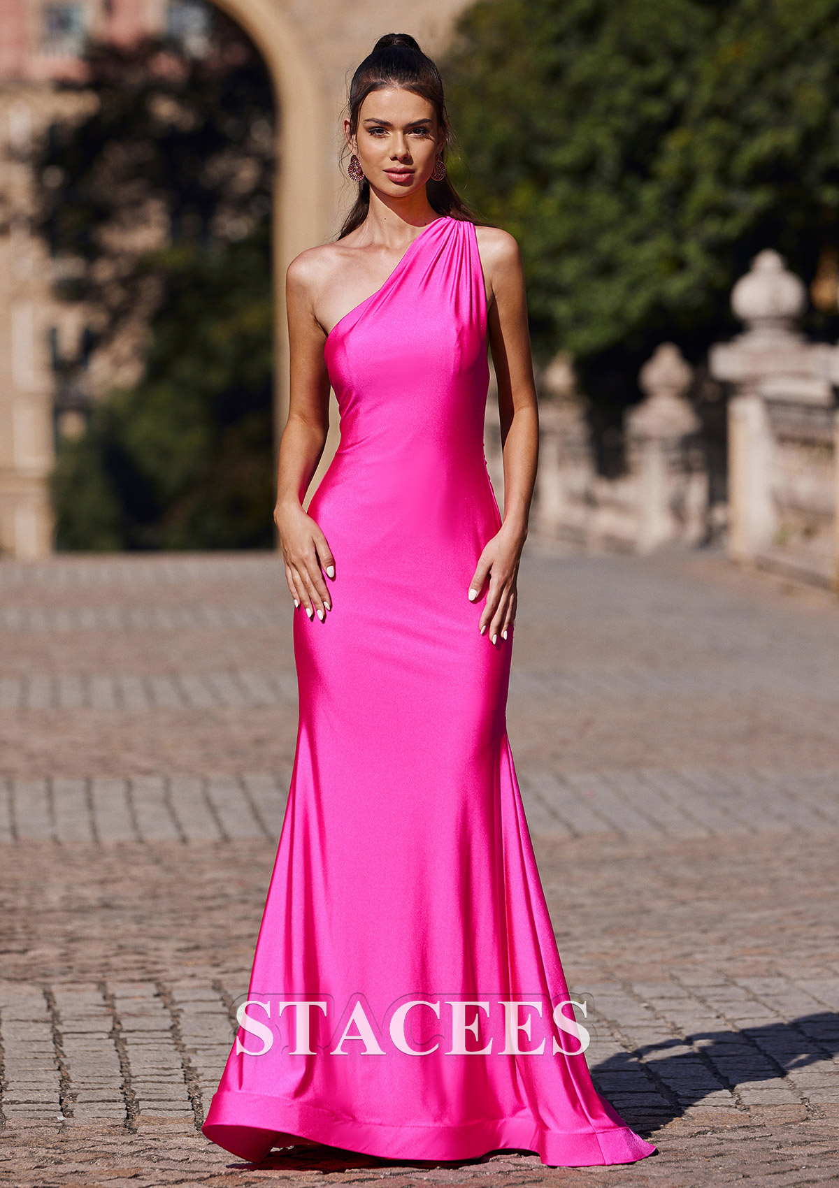 Fuchsia Trumpet/Mermaid One-Shoulder Sweep Train Jersey Prom Dress with Pleated Side Draping - STACEES