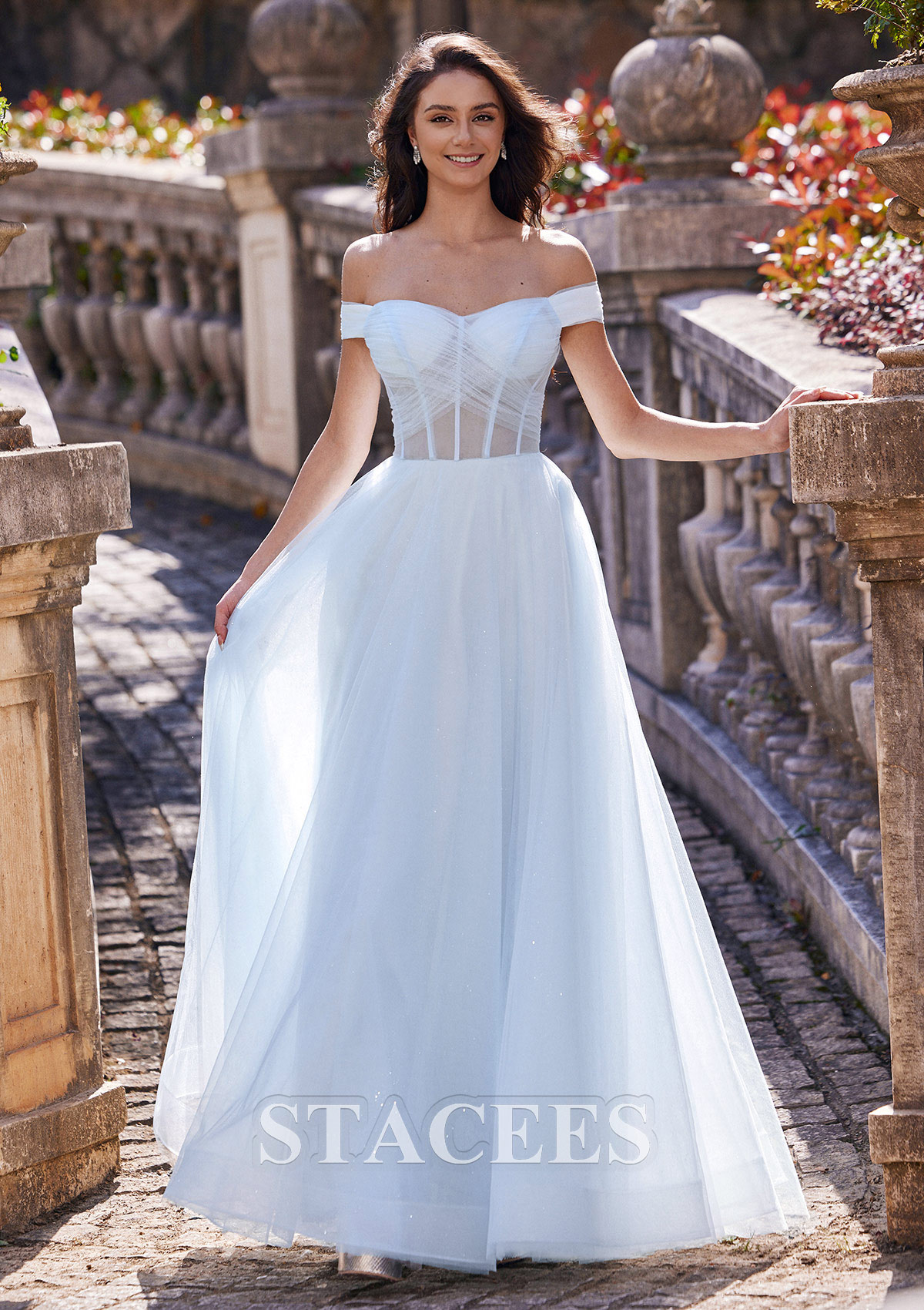 Sky Blue A-line Off-the-Shoulder Short Sleeve Floor-Length Tulle Prom Dress with Pleated Pockets - STACEES