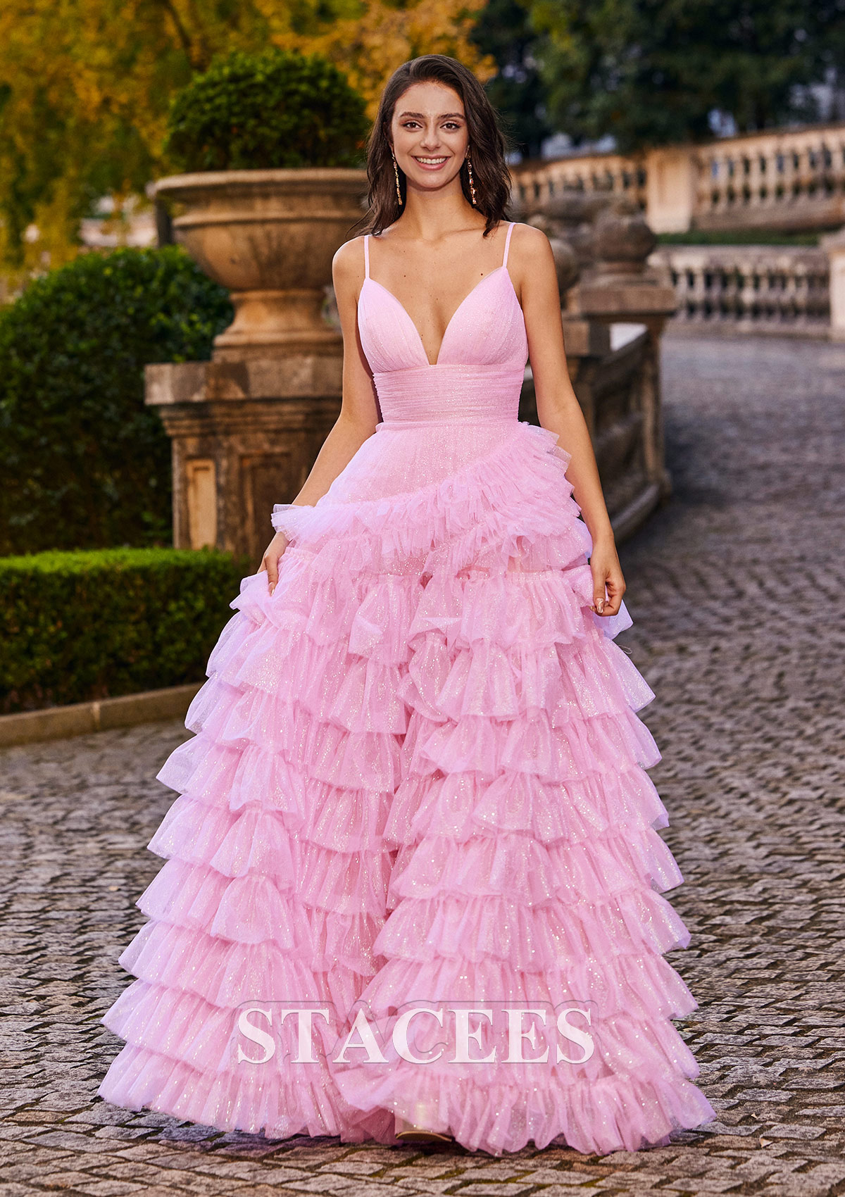Candy Pink A-line Princess V Neck Floor-Length Tulle Prom Dress with Pleated Ruffles Glitter - STACEES