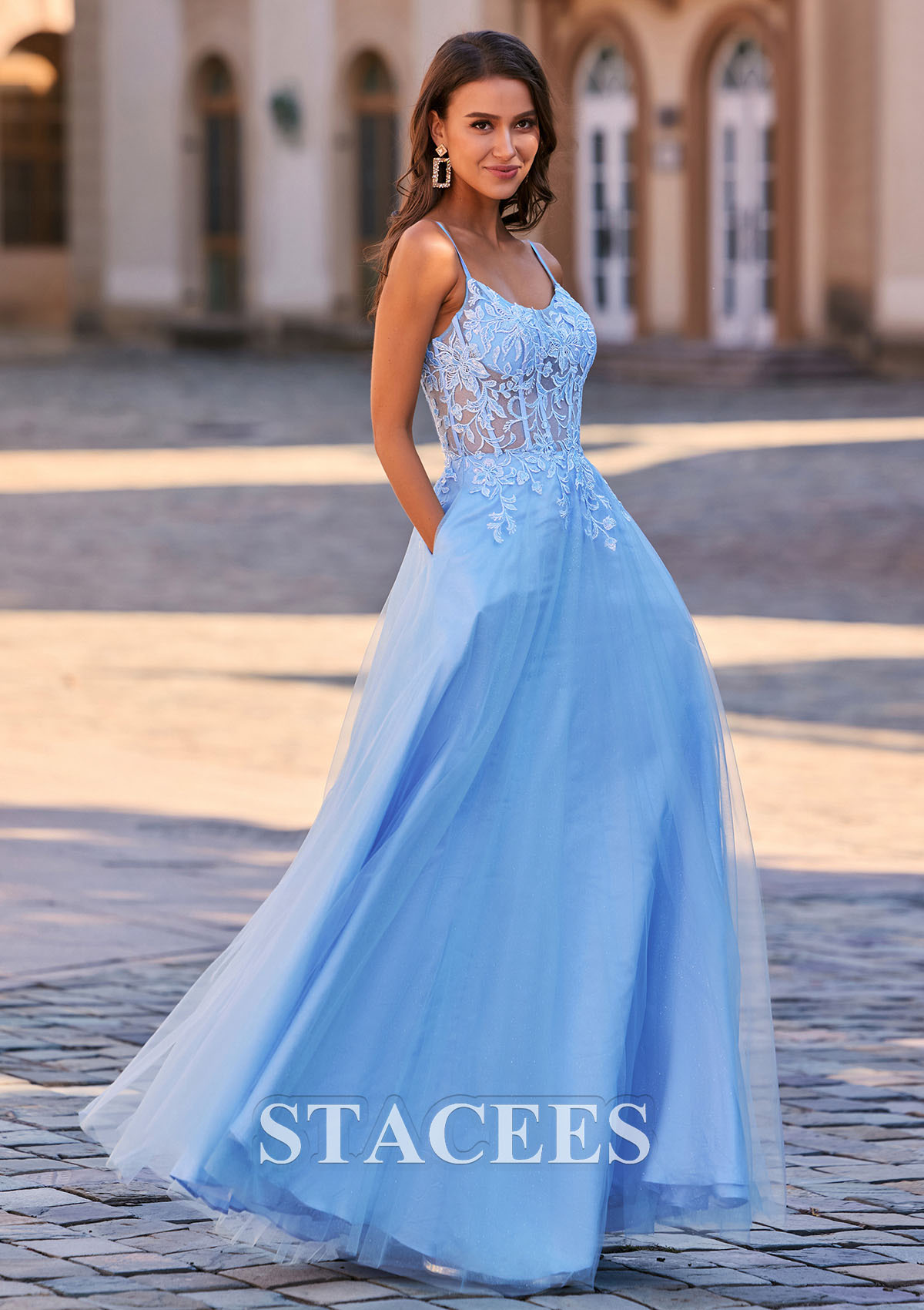 Sky Blue A-line Scoop Neck Tulle Floor-Length Prom Dress with Appliqued Beading Pockets Glitter - STACEES