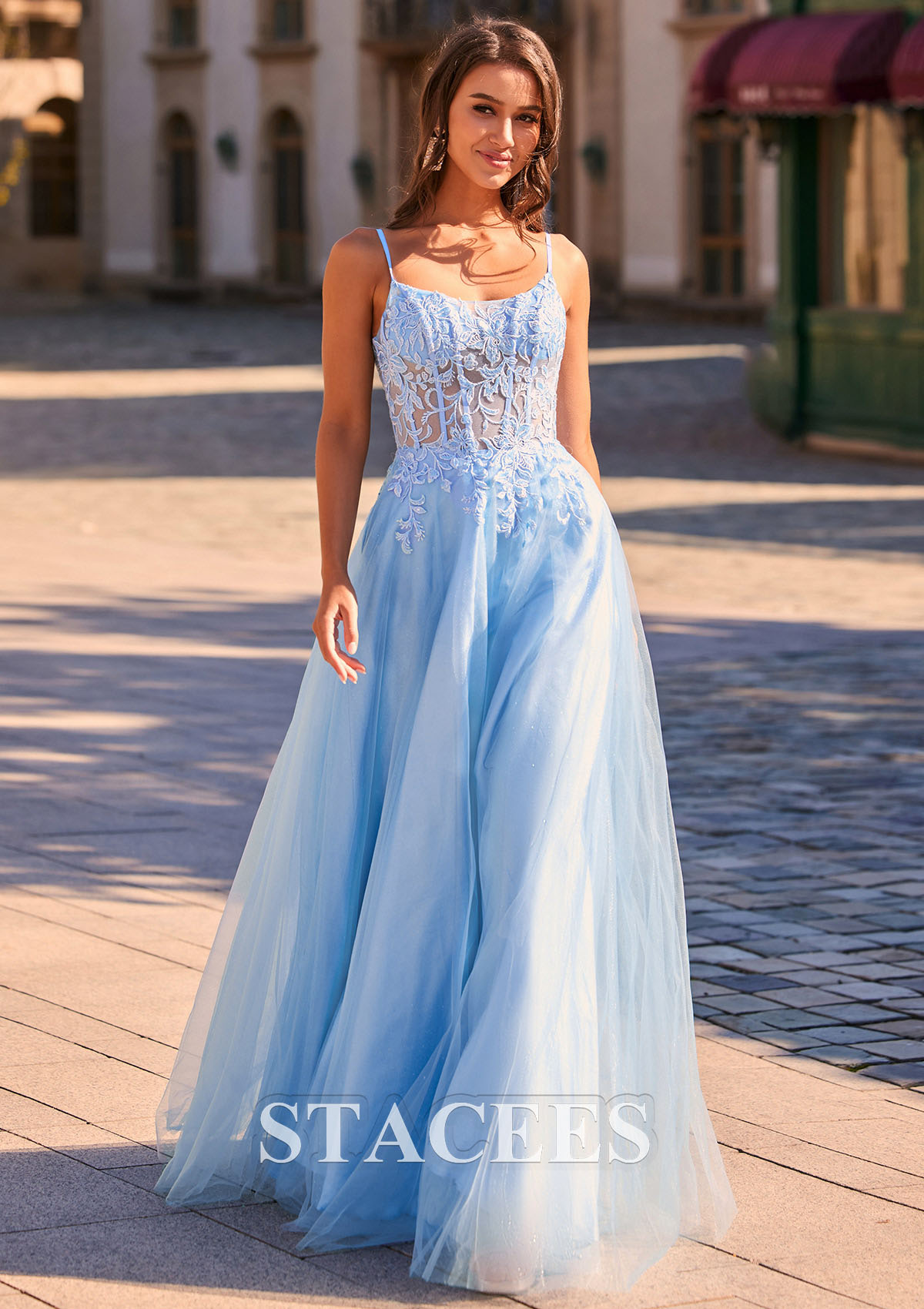 Sky Blue A-line Scoop Neck Tulle Floor-Length Prom Dress with Appliqued Beading Pockets Glitter - STACEES