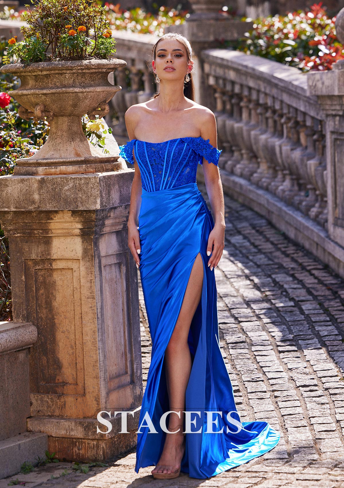Ocean Blue Sheath/Column Off-the-Shoulder Sweep Train Silk like Satin Prom Dress with Appliqued Beading Pleated Split - STACEES