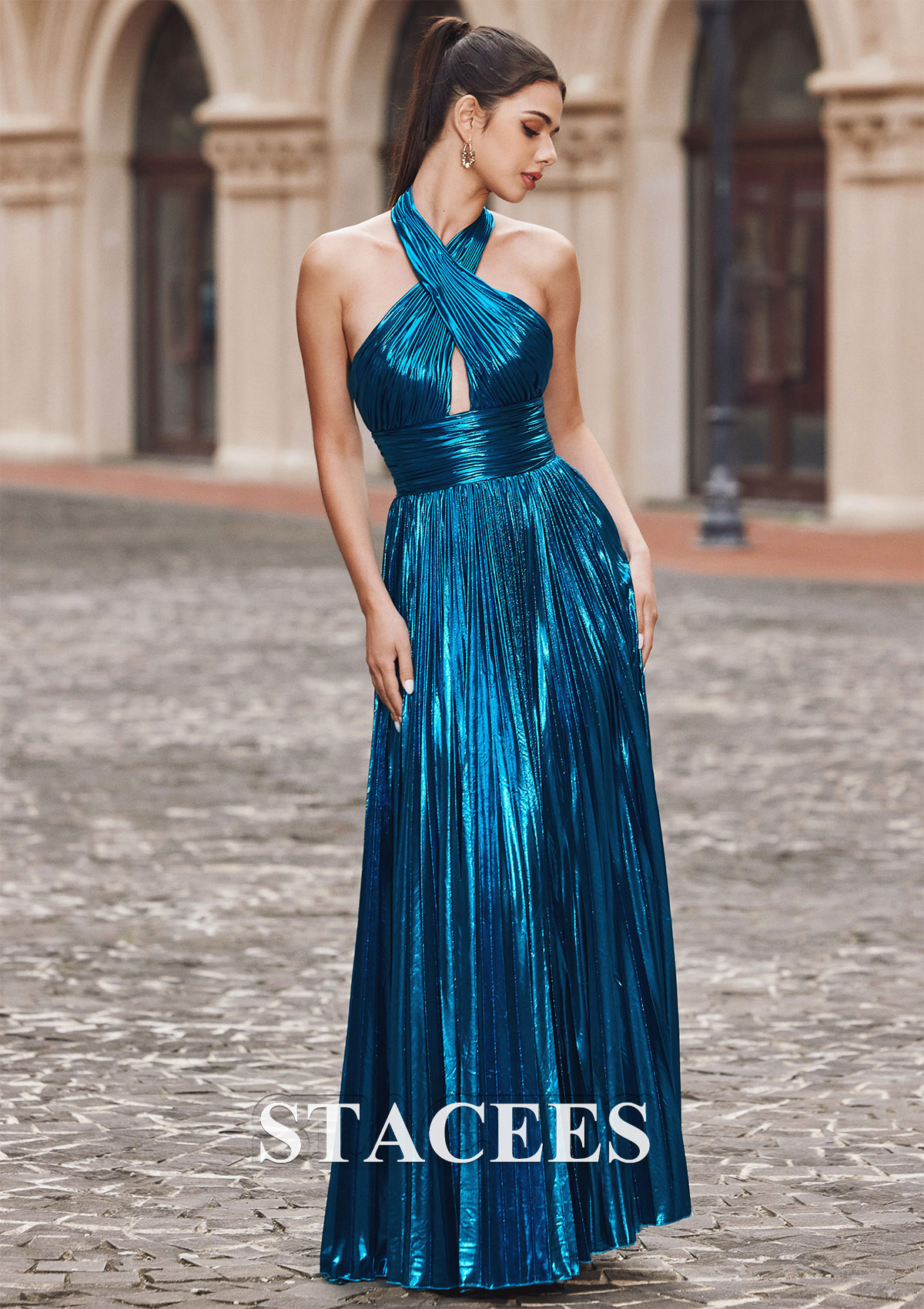 Ink Blue A-line Halter Sleeveless Floor-Length Metallic Prom Dress with Split - STACEES