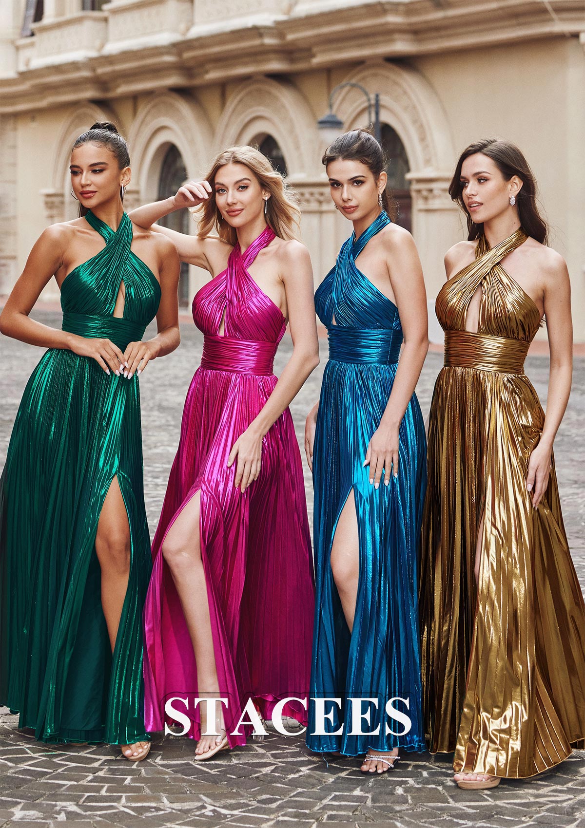 Ink Blue A-line Halter Sleeveless Floor-Length Metallic Prom Dress with Split - STACEES